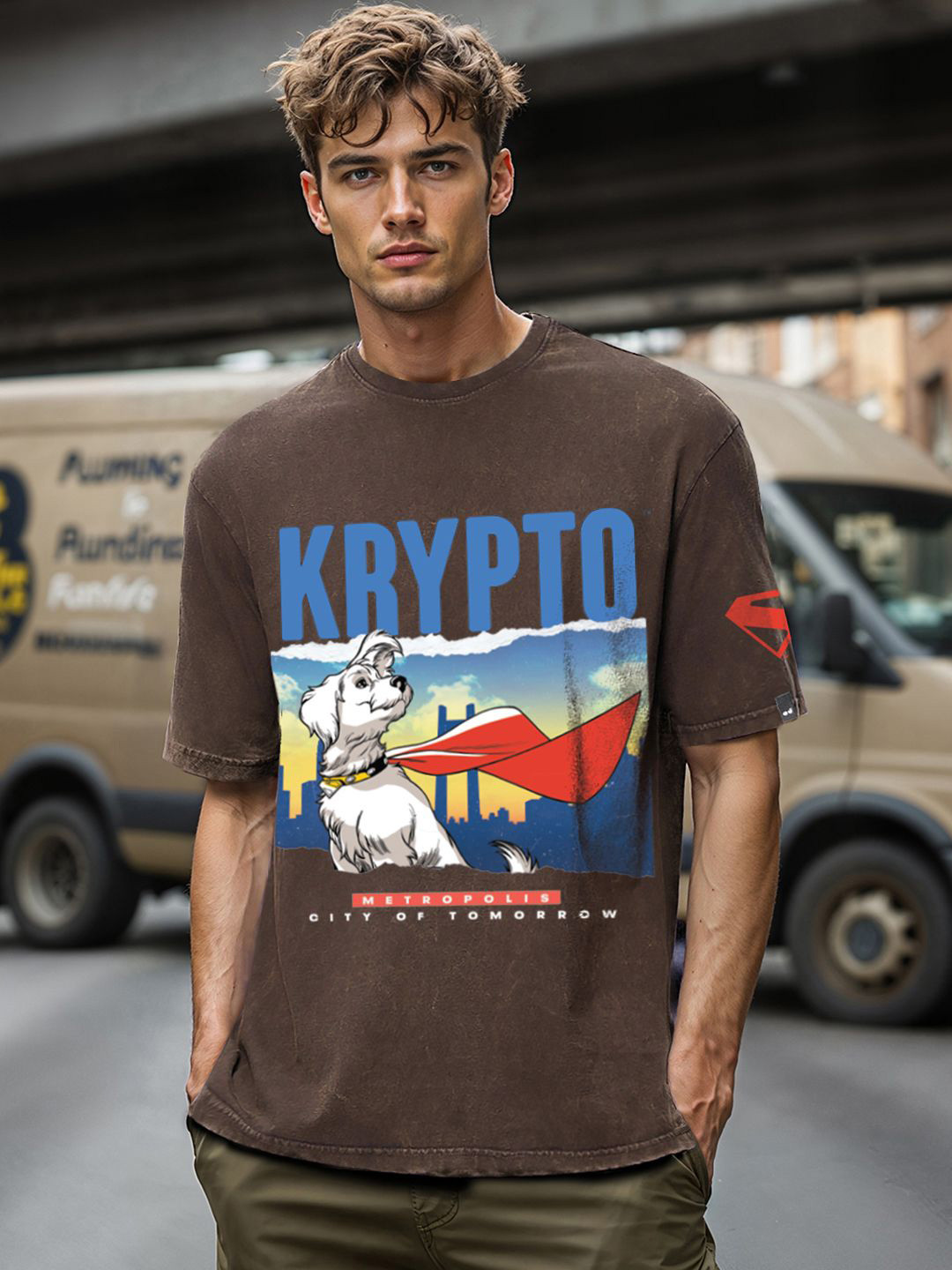 Bewakoof Official Dc Merchandise Men Krypto Graphic Printed Oversized Acid Wash T-shirt