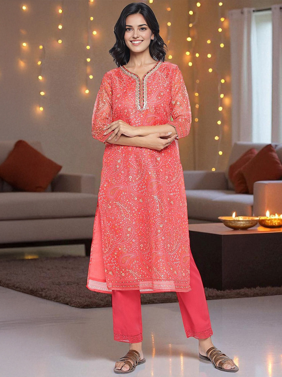 W Women Embroidered Thread Work Straight Kurta