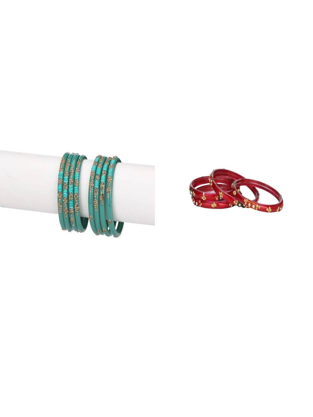 1ST TIME Set Of 12  Red & Turquoise Blue Artificial Stone Studded Antique Alloy Bangles
