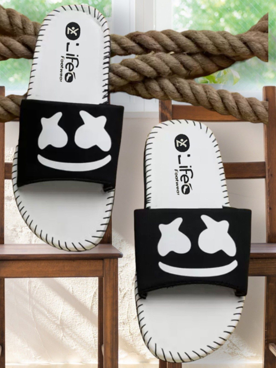 LIFA TRADERS Men White And Black Printed Comfort Sandals