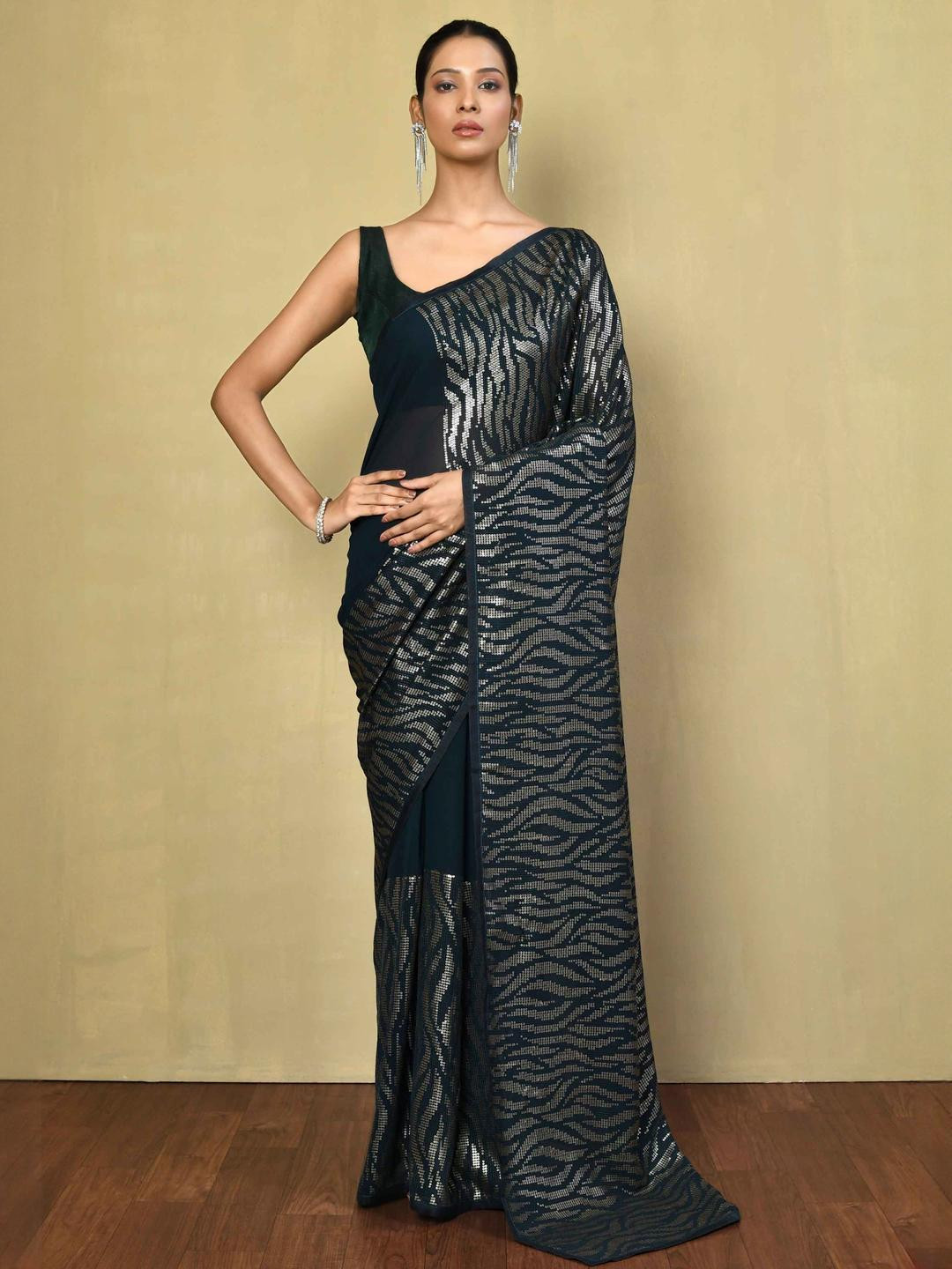 KALINI Abstract Sequance Work Saree With Unstithced Blouse Piece