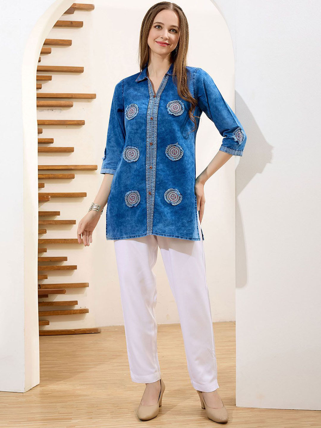 Meena Bazaar Women Shirt Collar Thread Work Denim Kurti