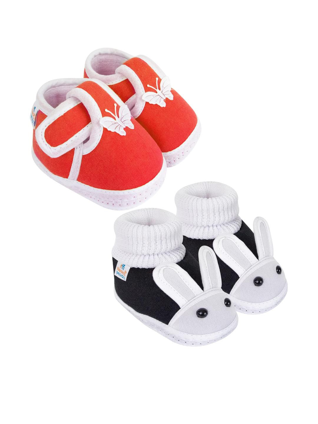 NESKA MODA Unisex Kids Pack of 2 Red & Black Cotton Booties