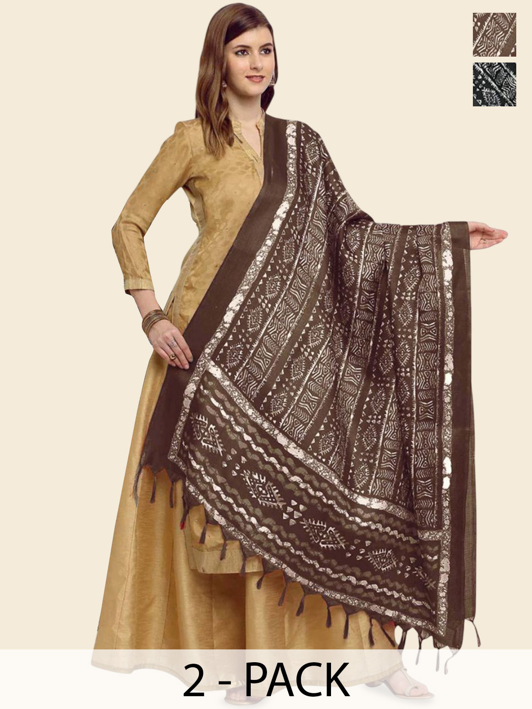 Kemza Selection Of 2 Bagru Printed Dupatta With Tassels Border