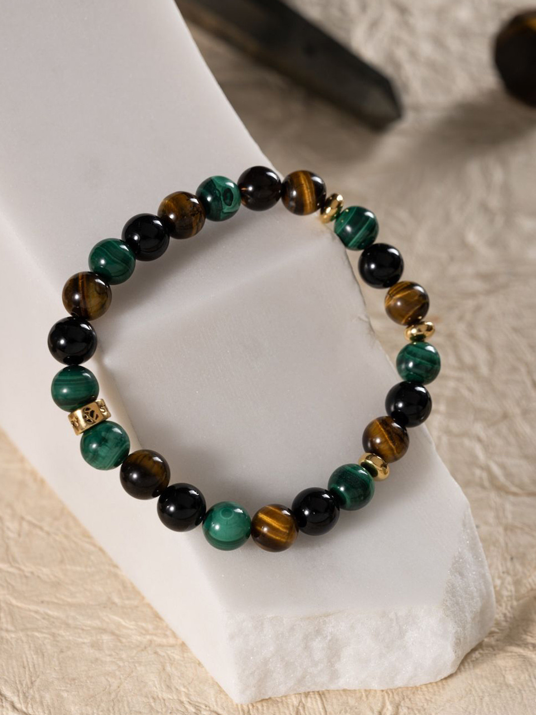 Stone Story By Shruti Unisex 925 Silver Gold-Plated Malachite Tiger's Eye Beaded Bracelet