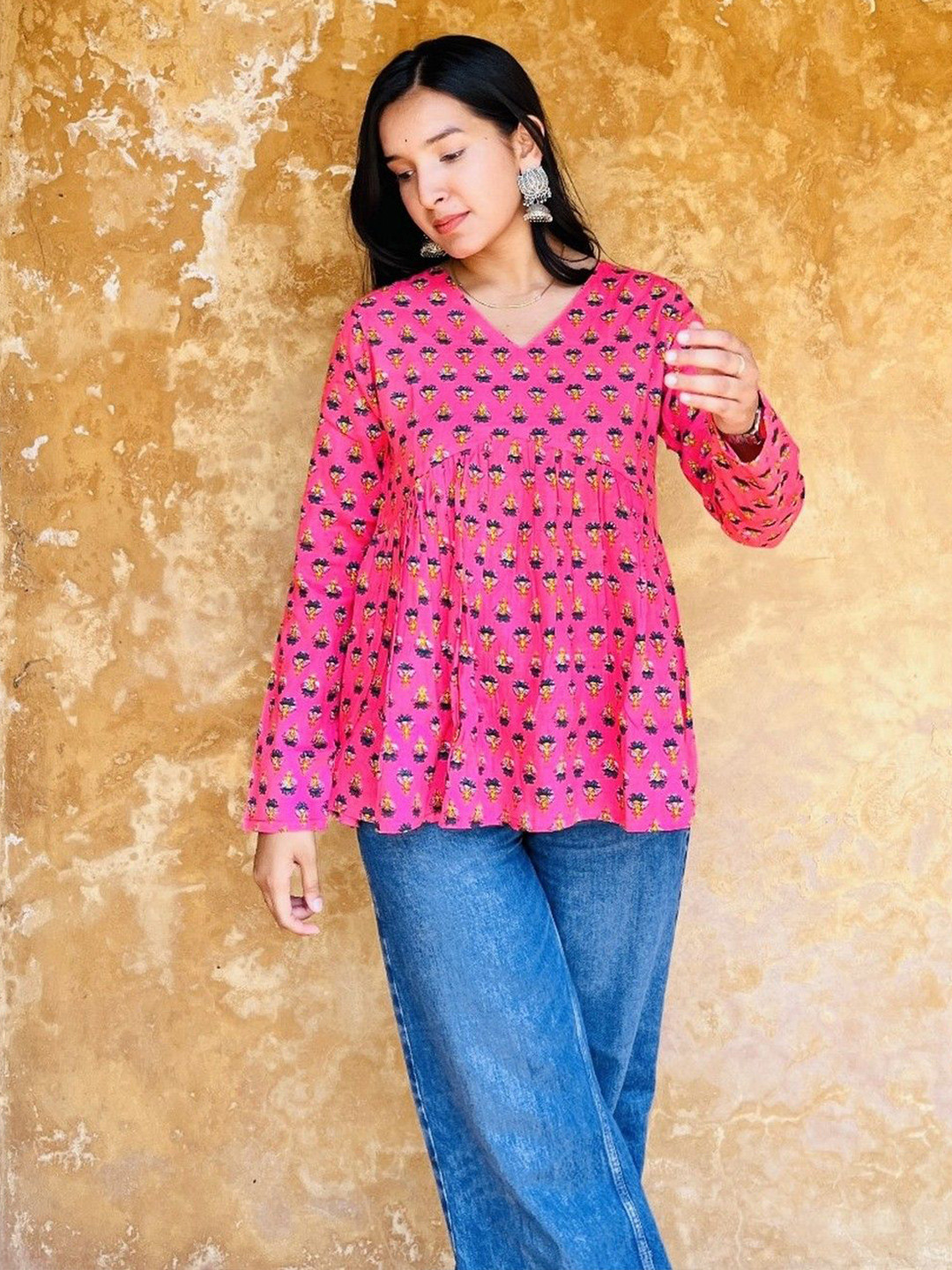 DECORIS Women Floral Print V Neck A-Line Top