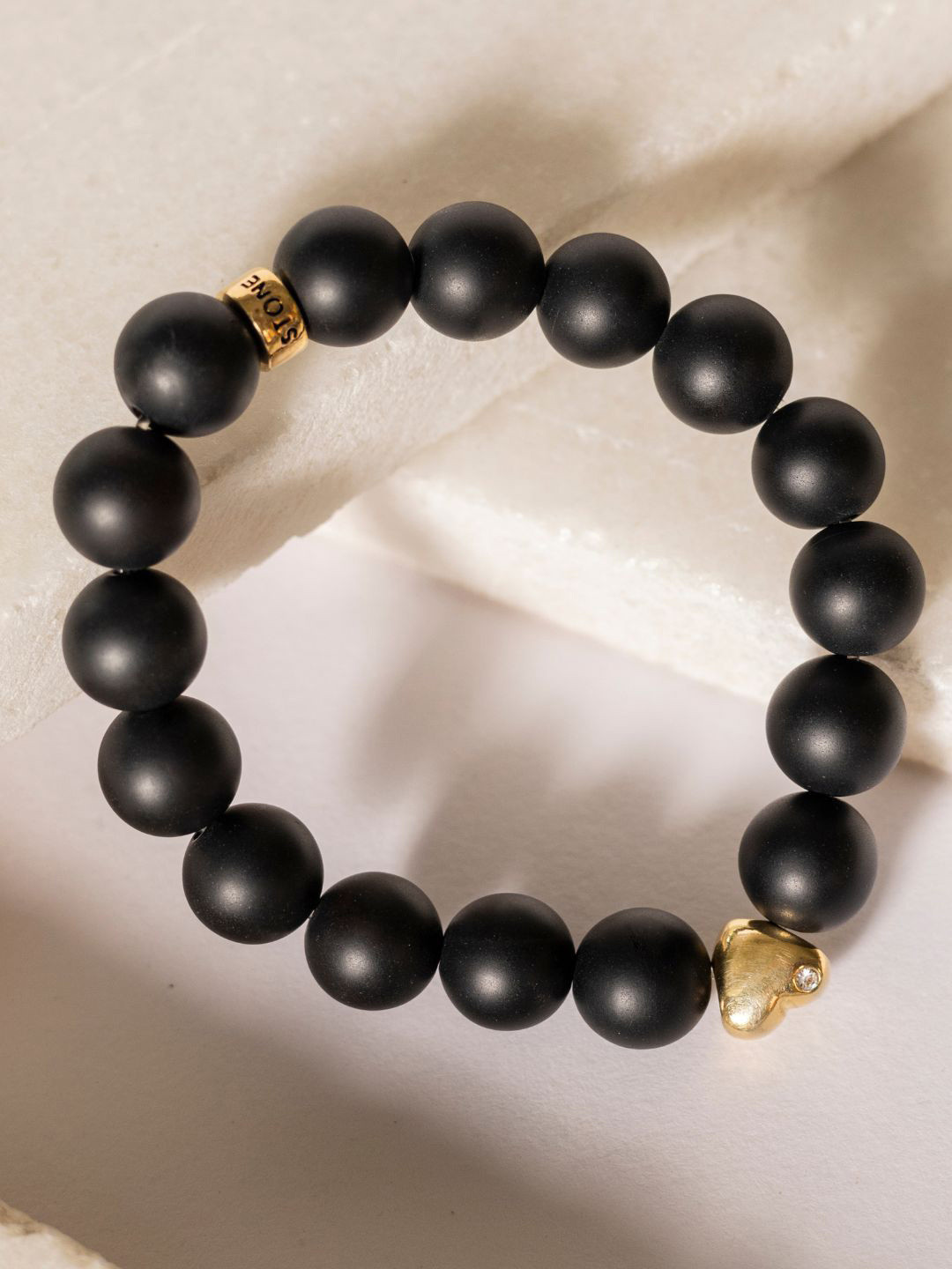 Stone Story By Shruti Sterling Silver Gold Plated Onyx Matt Beaded Elasticated Bracelet
