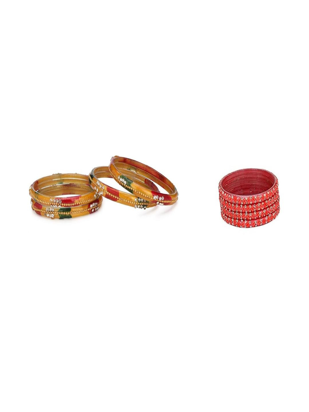 1ST TIME Set Of 2 Golden & Red Stone-Studded Bangles