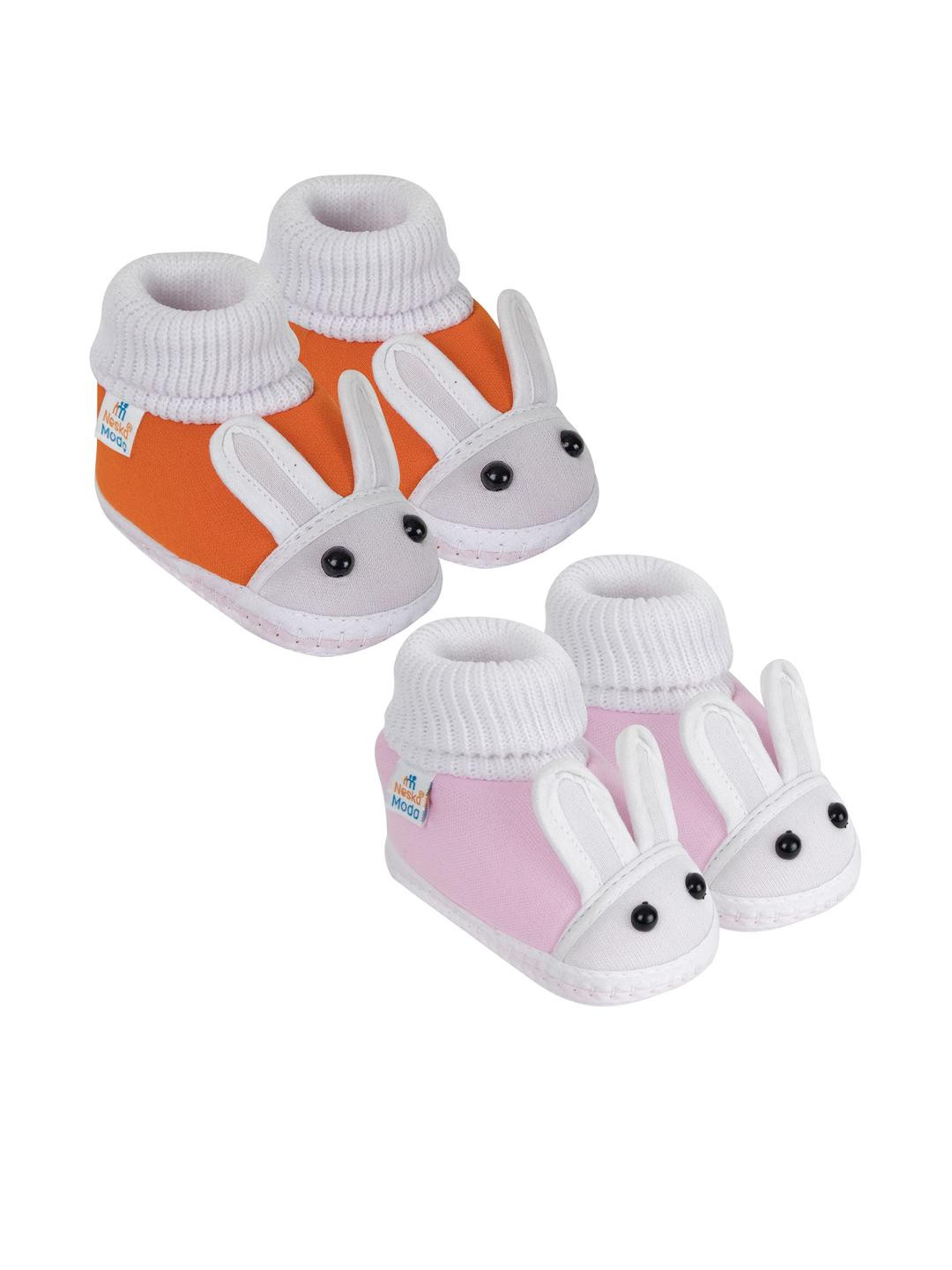 NESKA MODA Kids 2 Pair Orange & Baby Pink Cotton Rabbit Face Slip On Booties