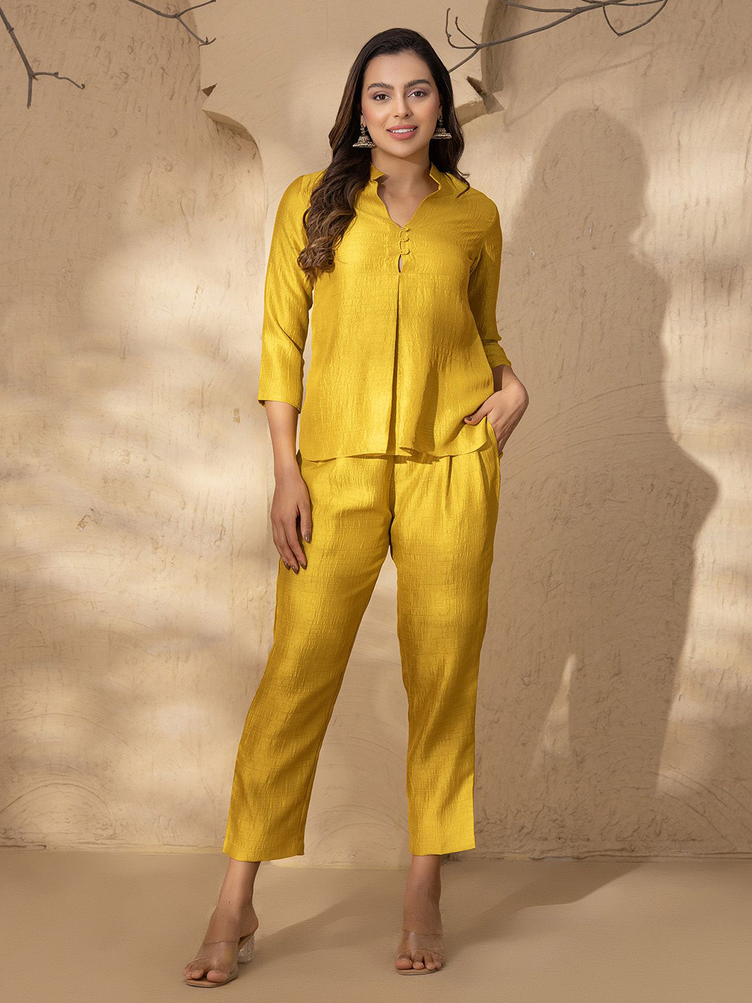 MABISH by Sonal Jain Women Mustard Shirt Collar Silk Blend Shirt With Trouser Co-Ords
