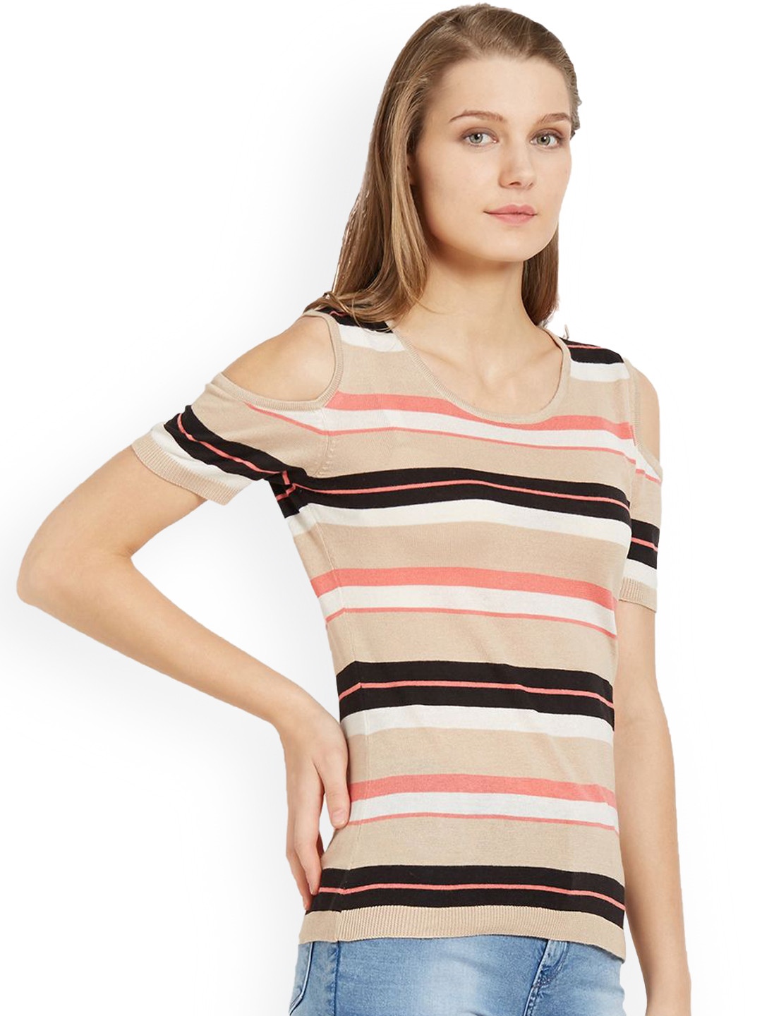 Kraus Jeans Women Horizontal Striped Cold-Shoulder Regular Top