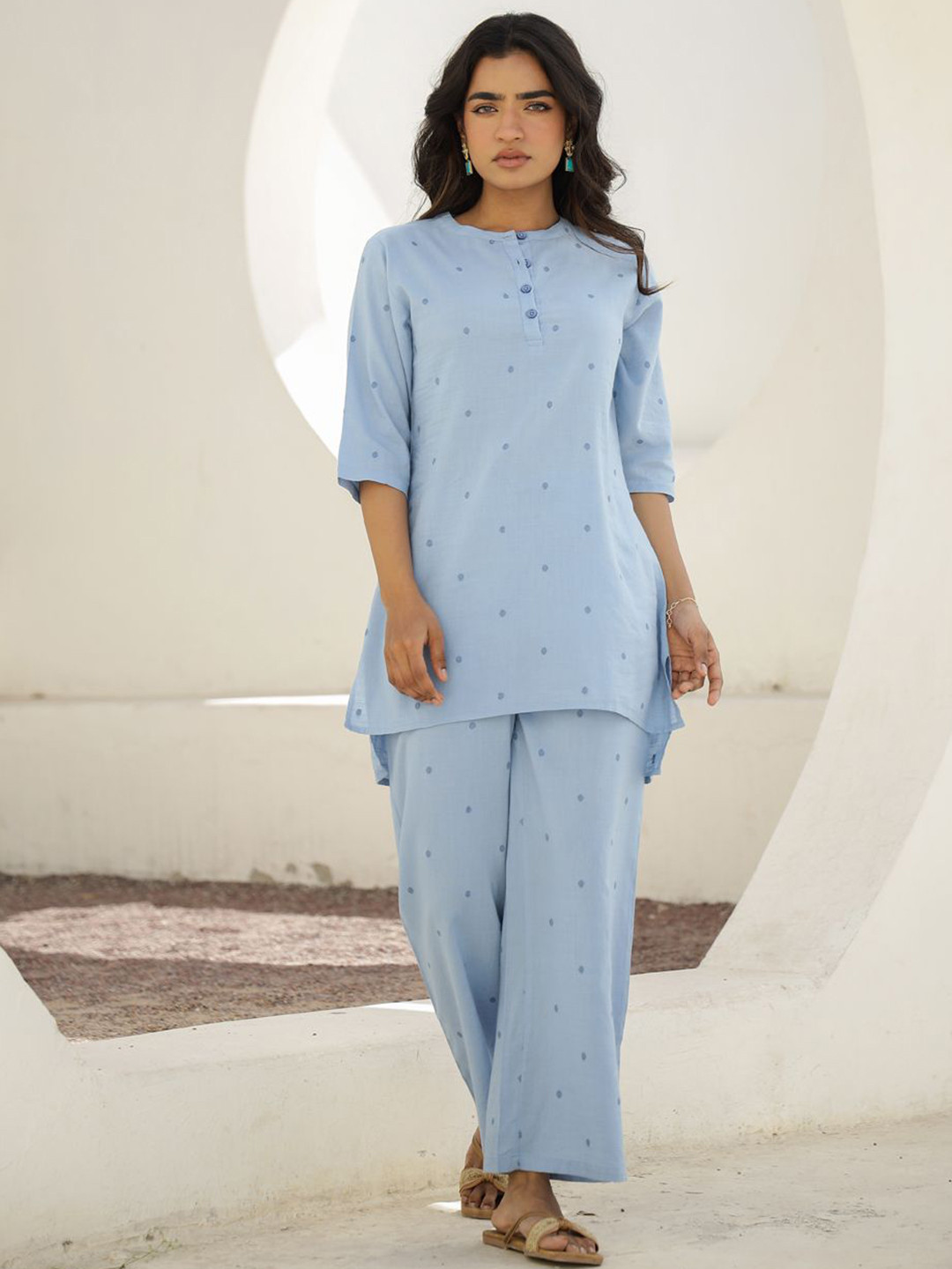 Clt.s Woven Design Round Neck Pure Cotton Top With Trousers