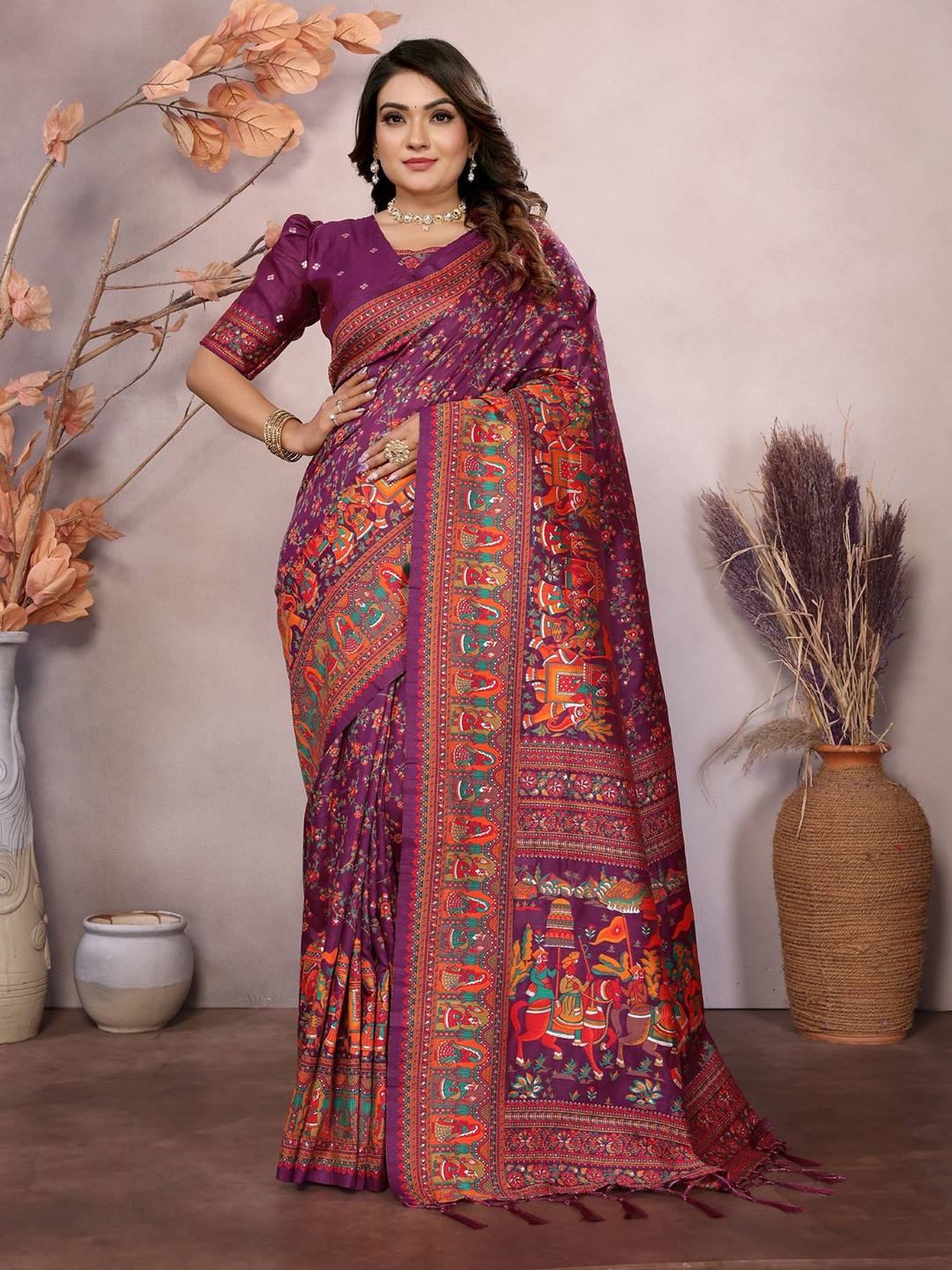 KALINI Woven Design Kalamkari Print Saree With Unstitched Blouse Piece