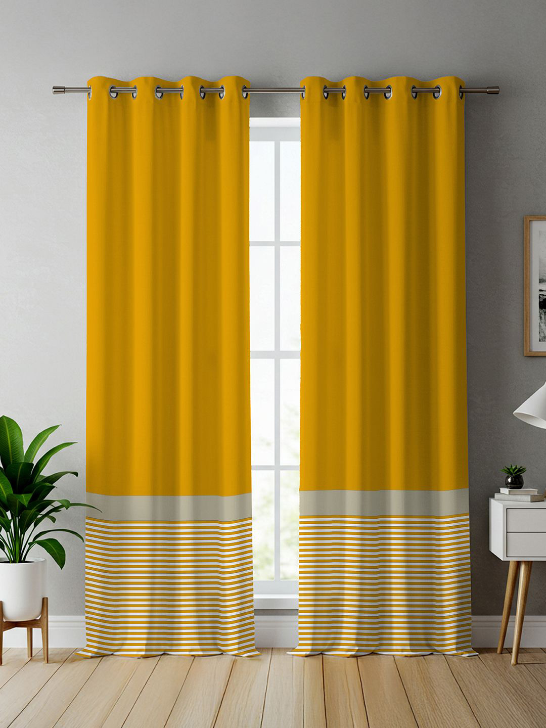 URBAN SPACE Mustard Yellow & White 2 Pieces Striped Pure Cotton Door Curtains