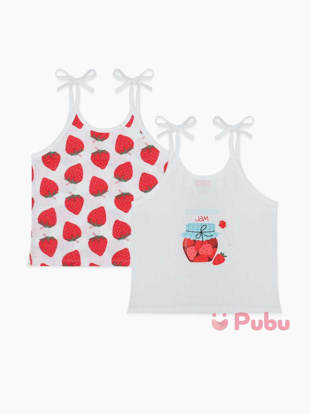 Pubu Kids Pack Of 2 White And Strawberry Print Cotton Sleeveless Shoulder Strap Top