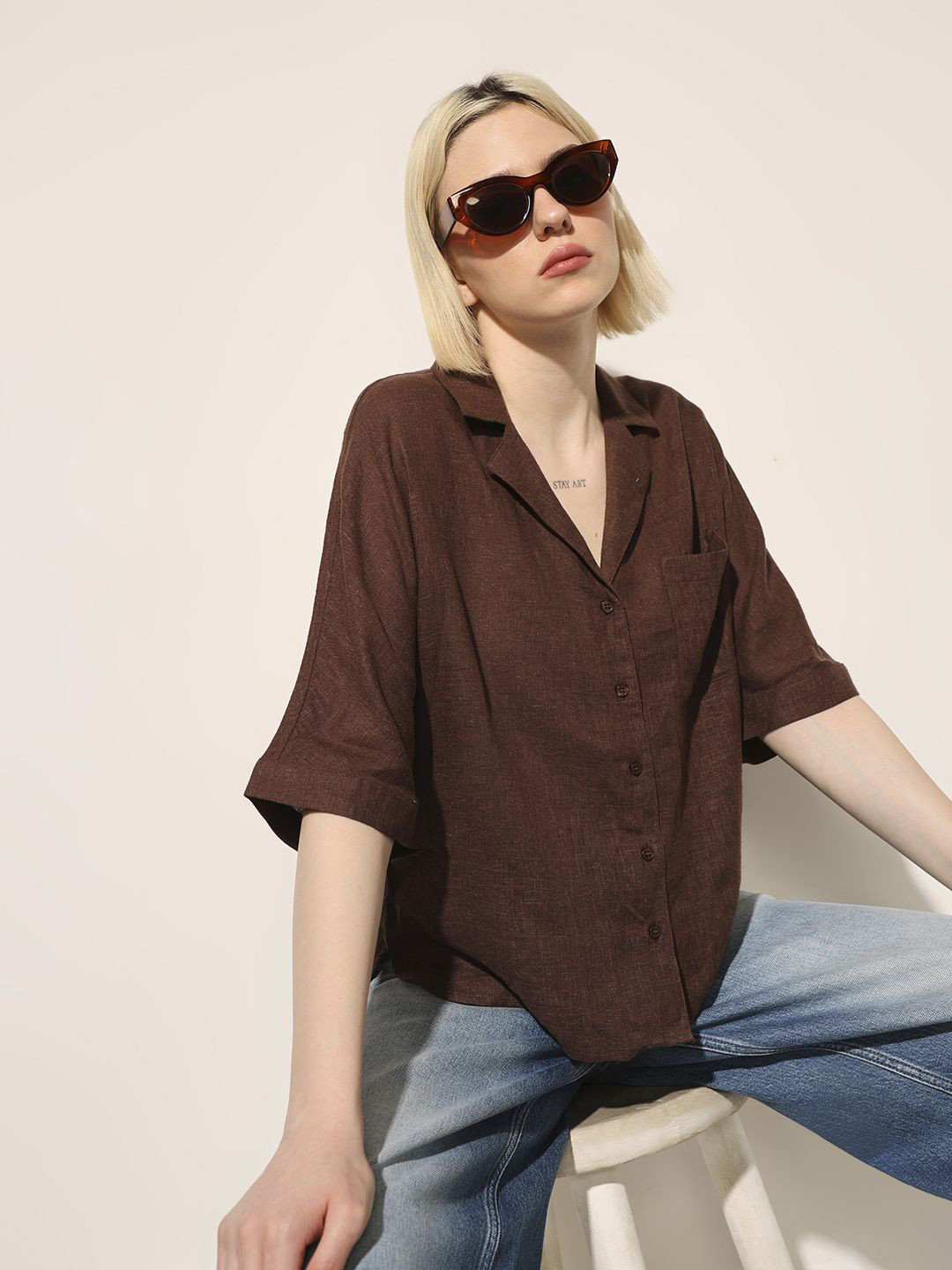 ONLY Spread Collar Extended Sleeves Pocket Oversized Shirt