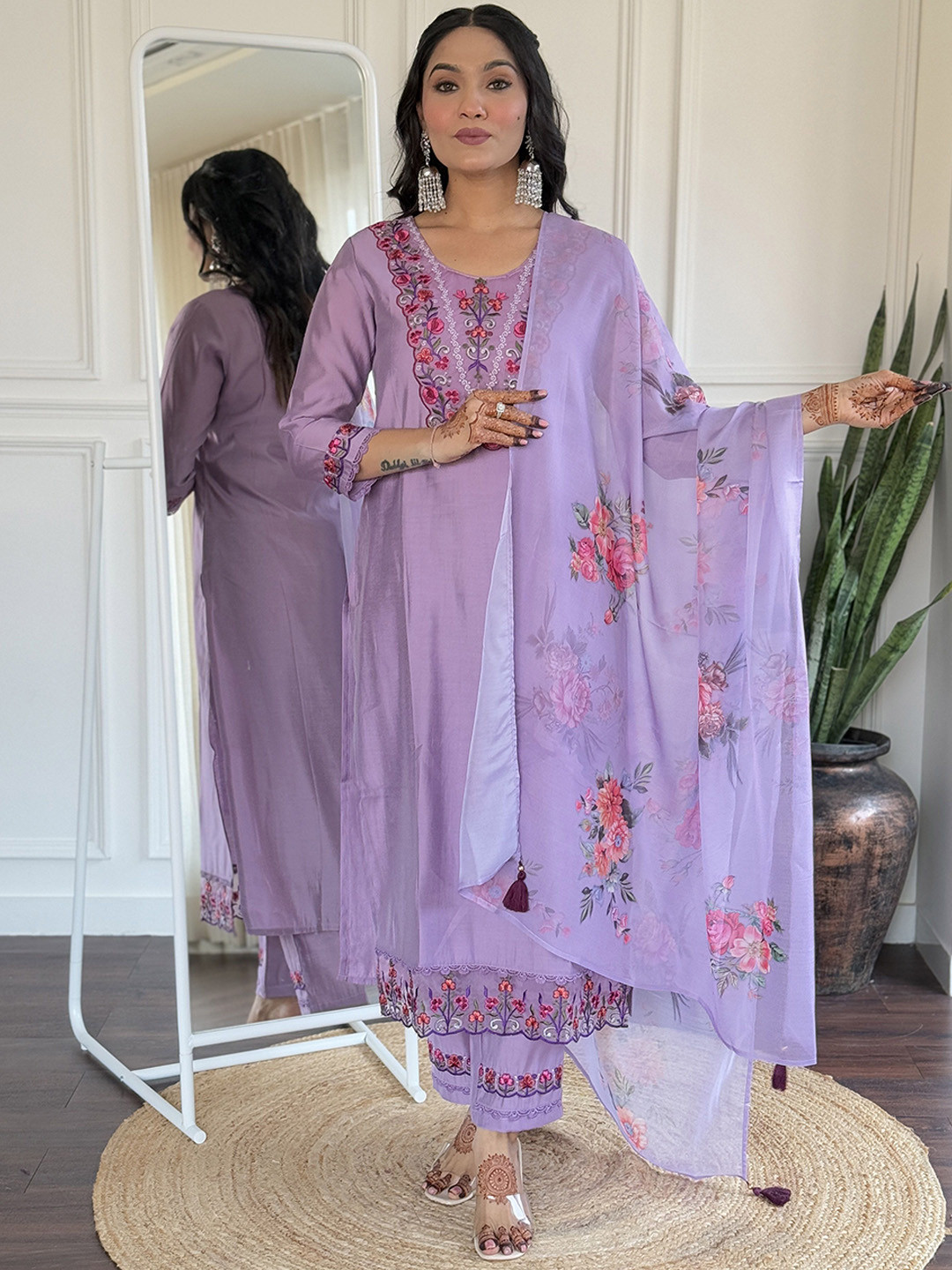 VARNI FABRICS Women Floral Embroidered A-Line Kurta with Trouser & Dupatta