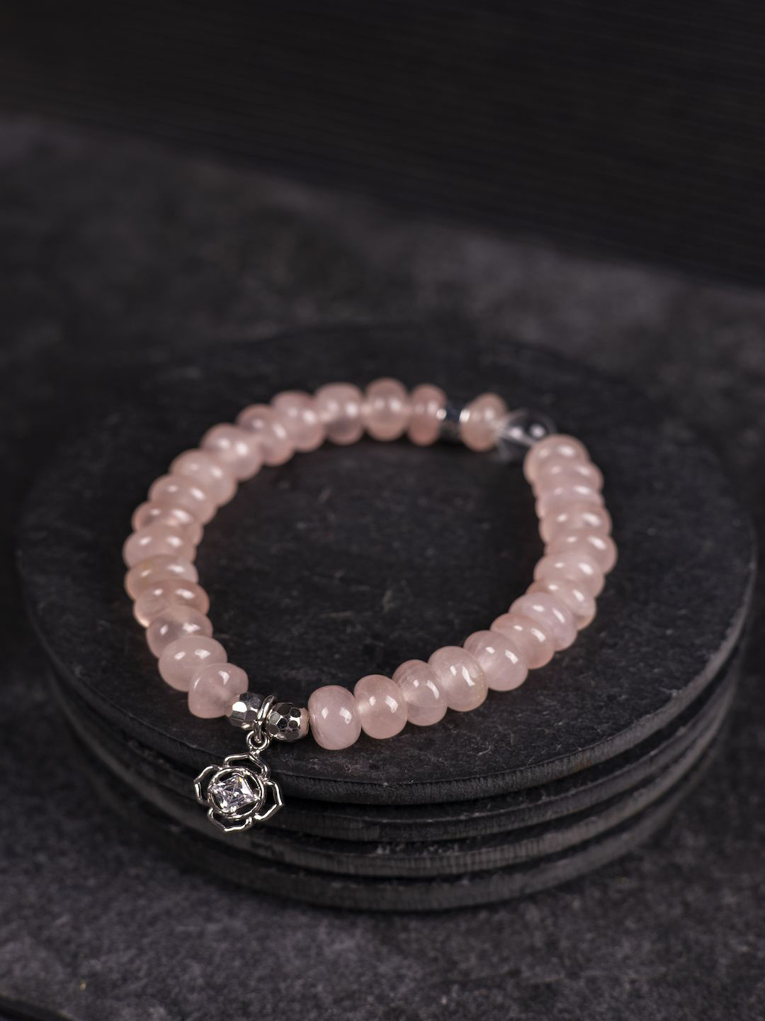 Stone Story By Shruti Sterling Silver Plated Rose Quartz Beaded Elasticated Bracelet