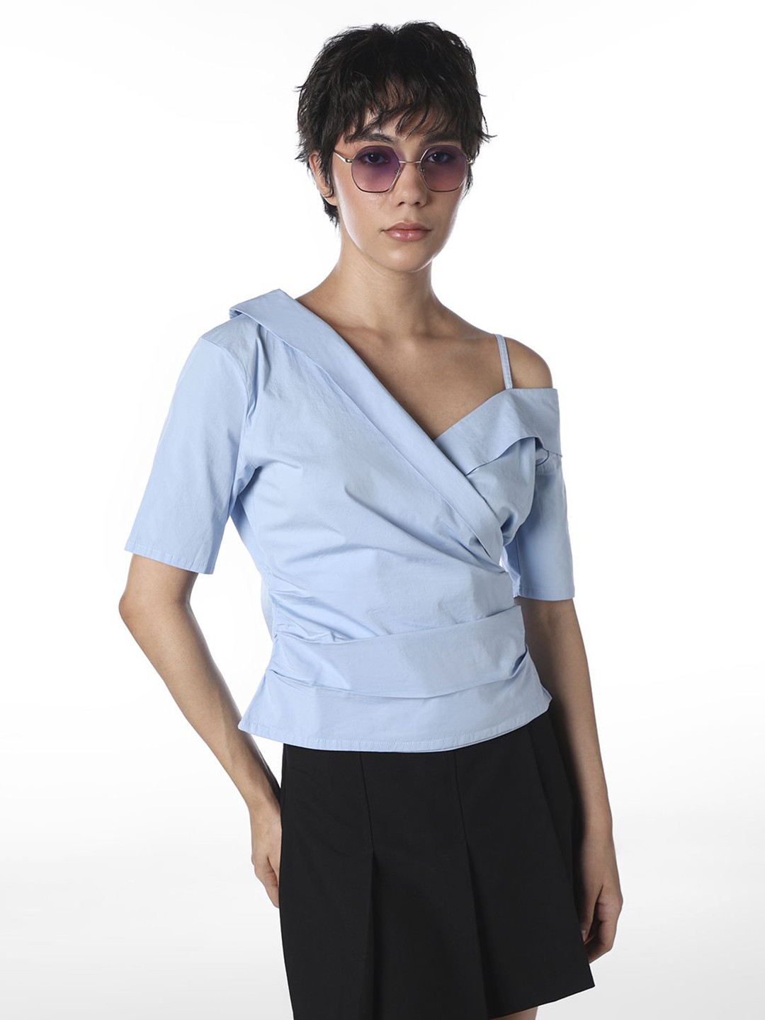ONLY Women Asymmetric Neck Cotton Wrap Top