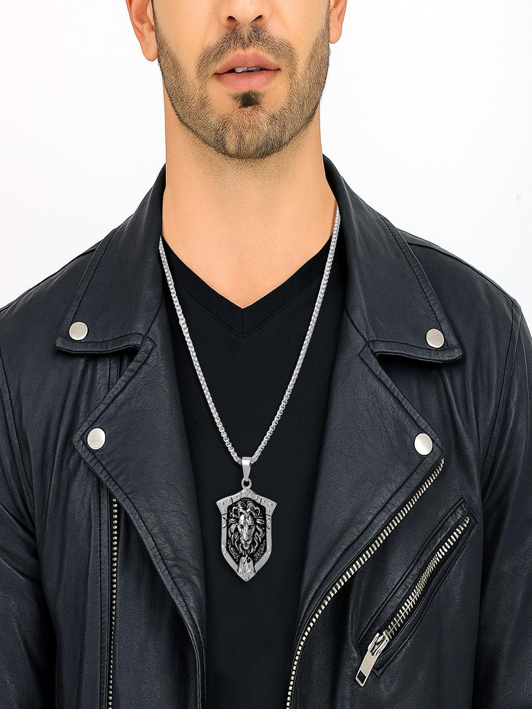 Vientiq Oxidised Silver Jungle King Lion Head Shield Pendant Chain Necklace For Men