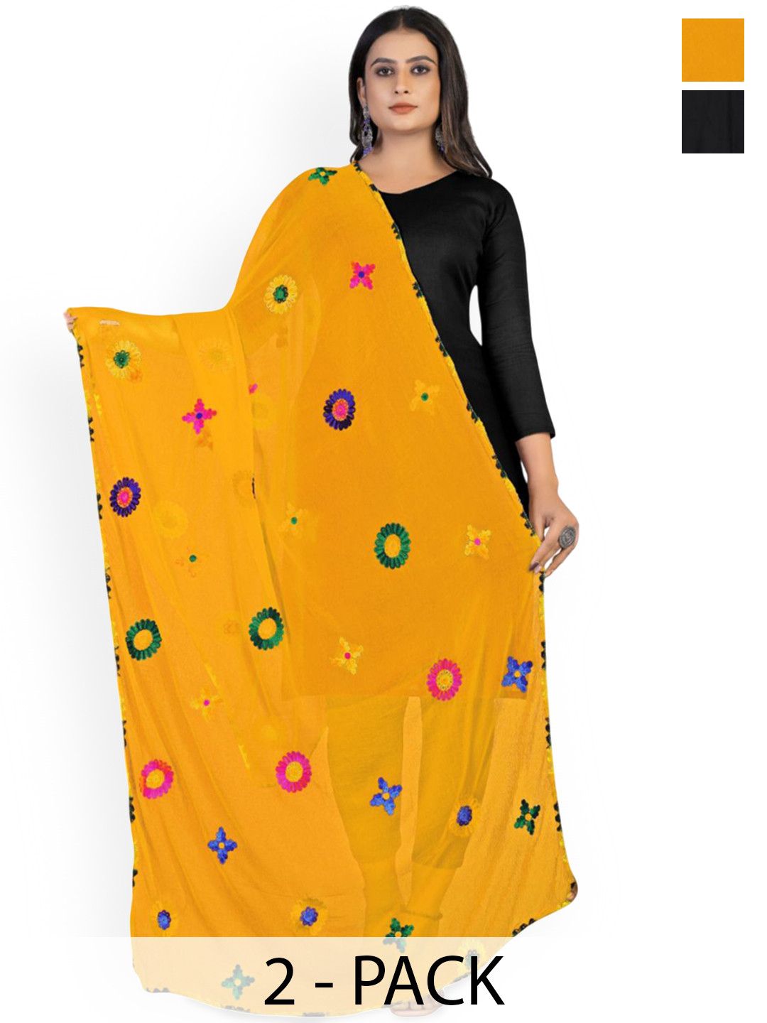 Kemza Selection Of 2 Phulkari & Floral Embroidery Chiffon Dupattas