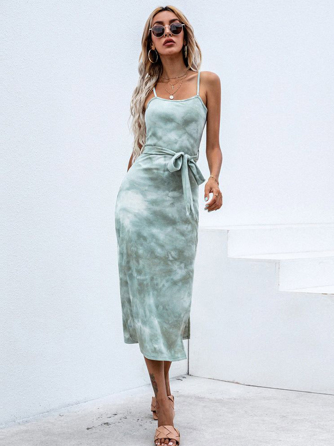 Outzidr Shoulder Strap Tie and Dye Cotton Sheath Midi Dress With Side Slit