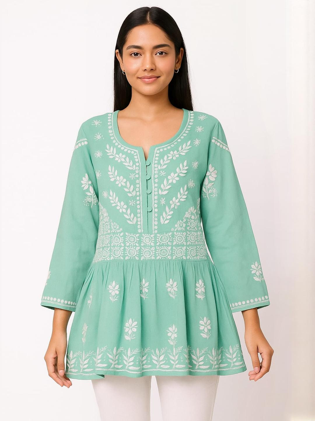 Silakaari Women Stylish Floss Green Cotton Lucknowi A-Line Short Kurti