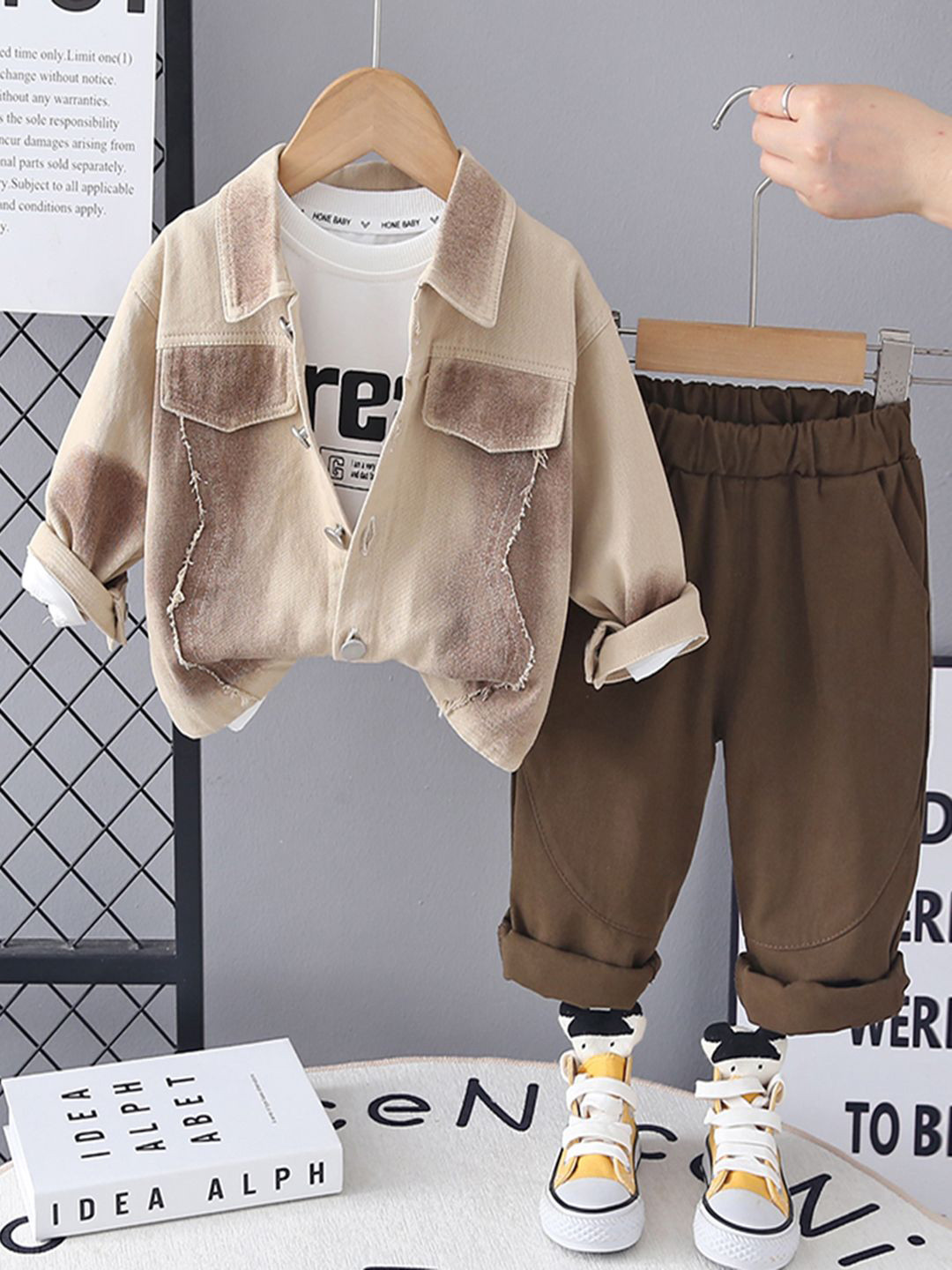 INCLUD Boys Cotton Solid Shacket With Printed T-Shirt & Pants Set
