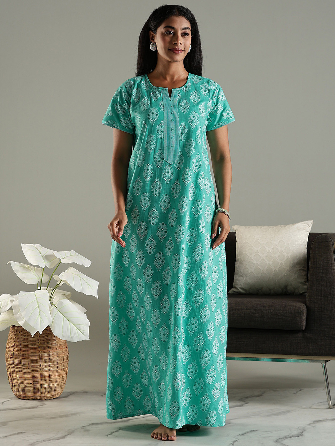 9shines Label Women Cotton Nighty with Ethnic Print & Decorative Placket