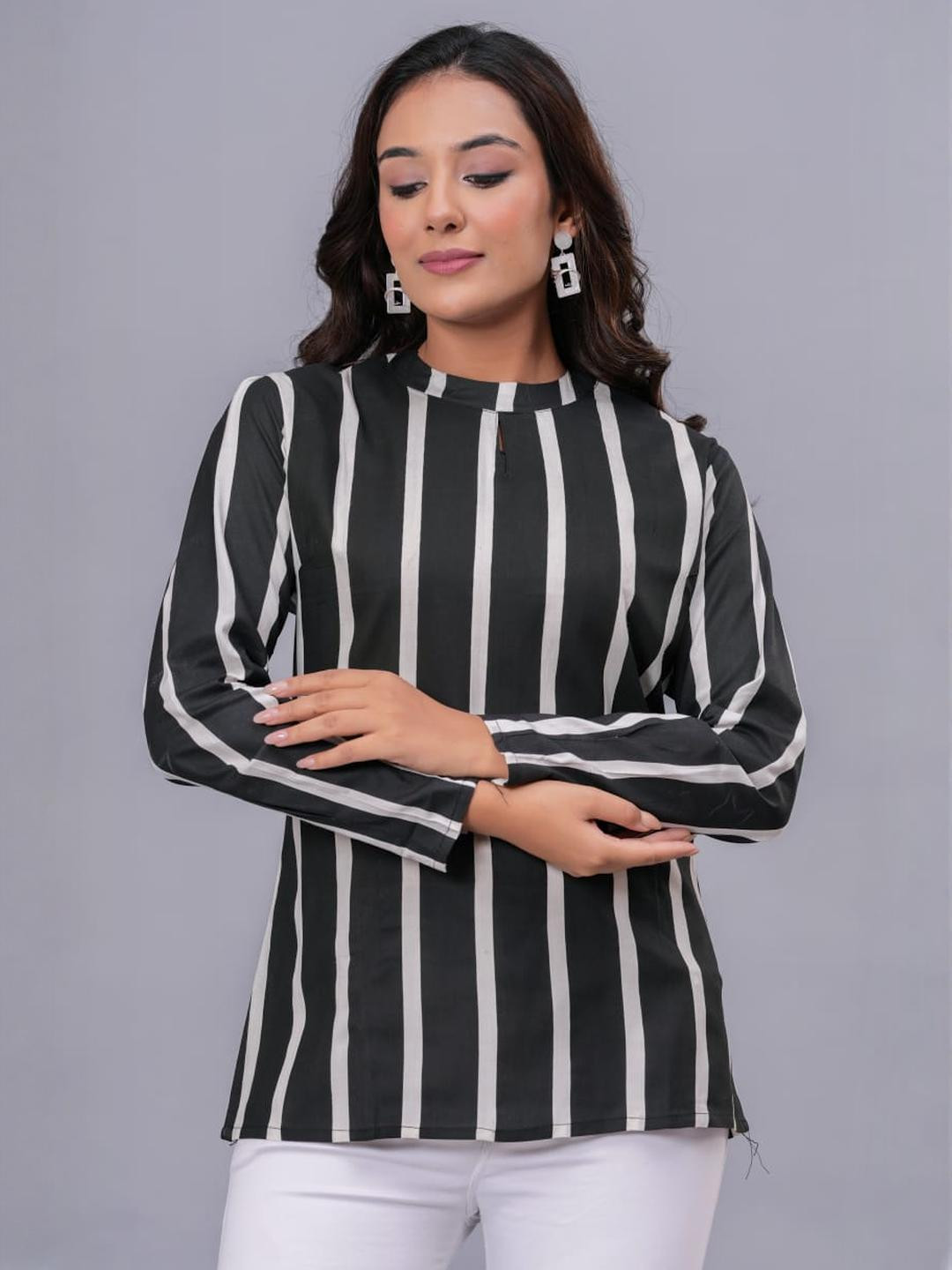 FANCIFY Women Black & White Vertical Striped Mandarin Collar Cotton Top