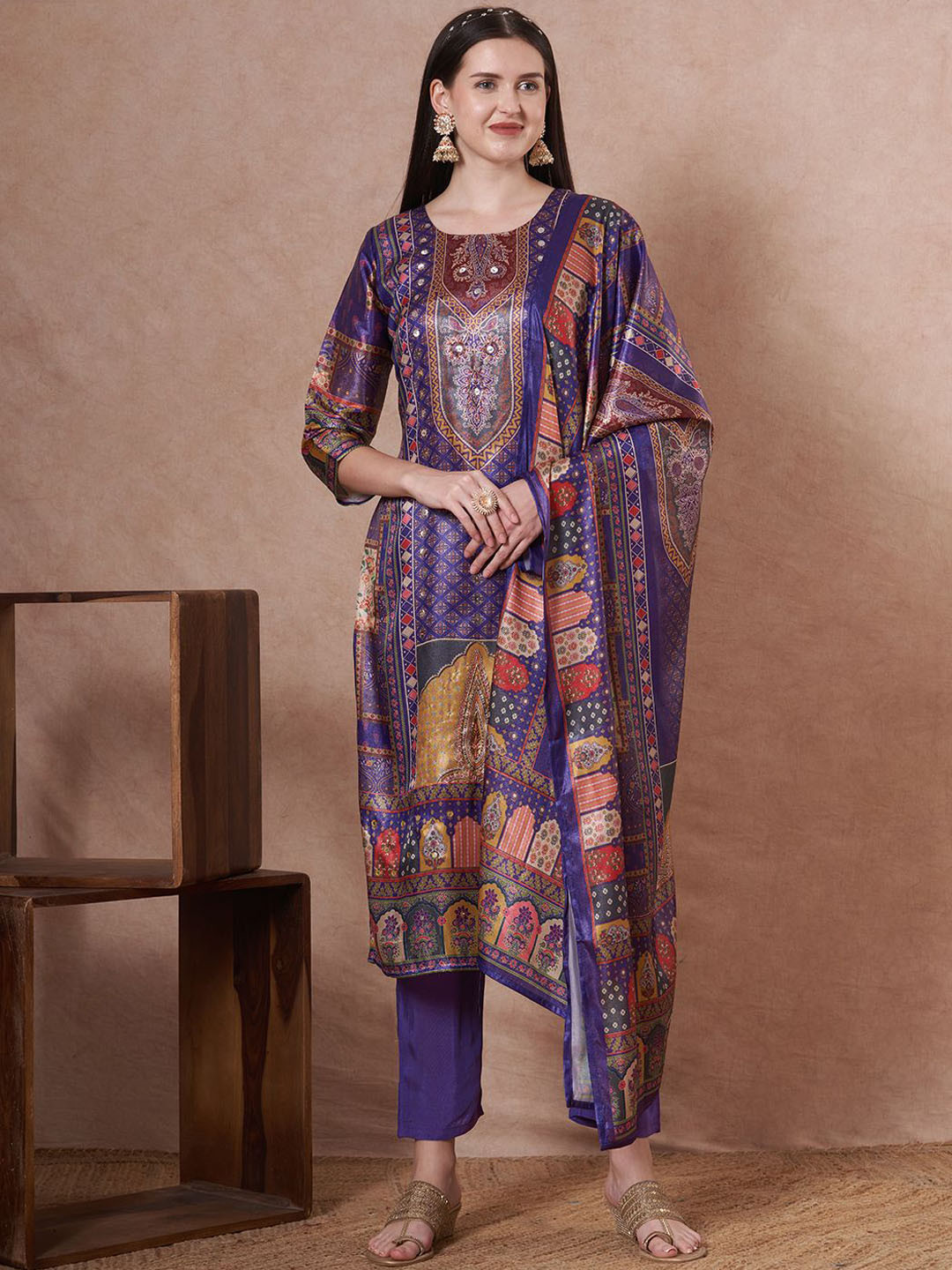 FASHOR Ethnic Motifs Printed Beads and Stones Satin Straight Kurta & Trousers With Dupatta