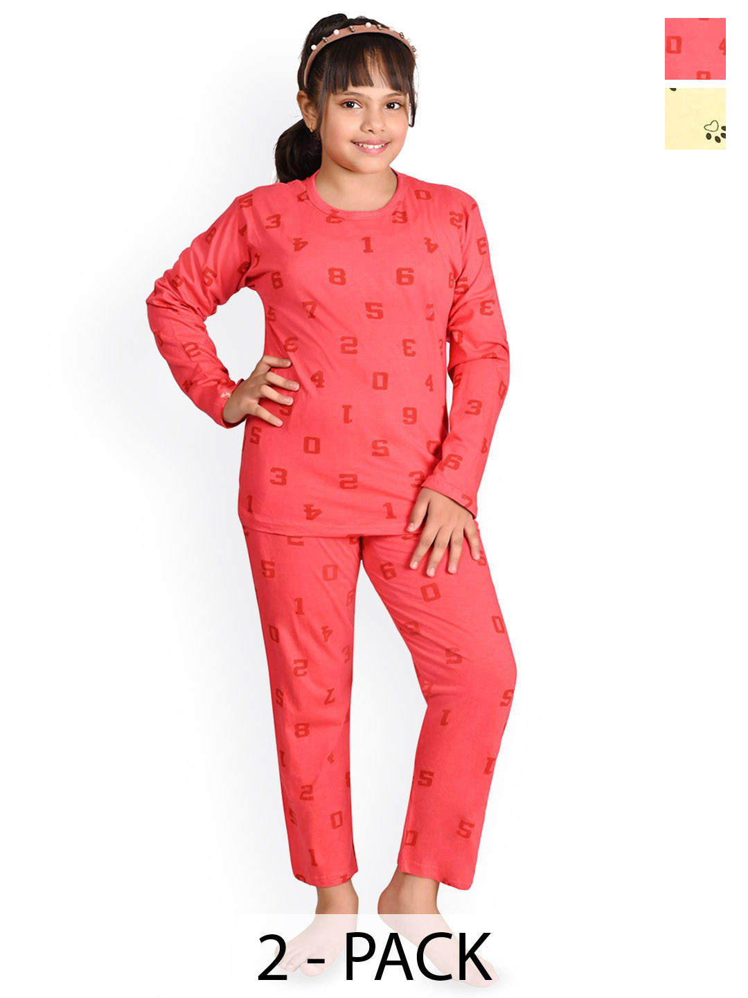 BAESD Girls Pack Of 2 Conversational Printed Pure Cotton Full Sleeve Night suit