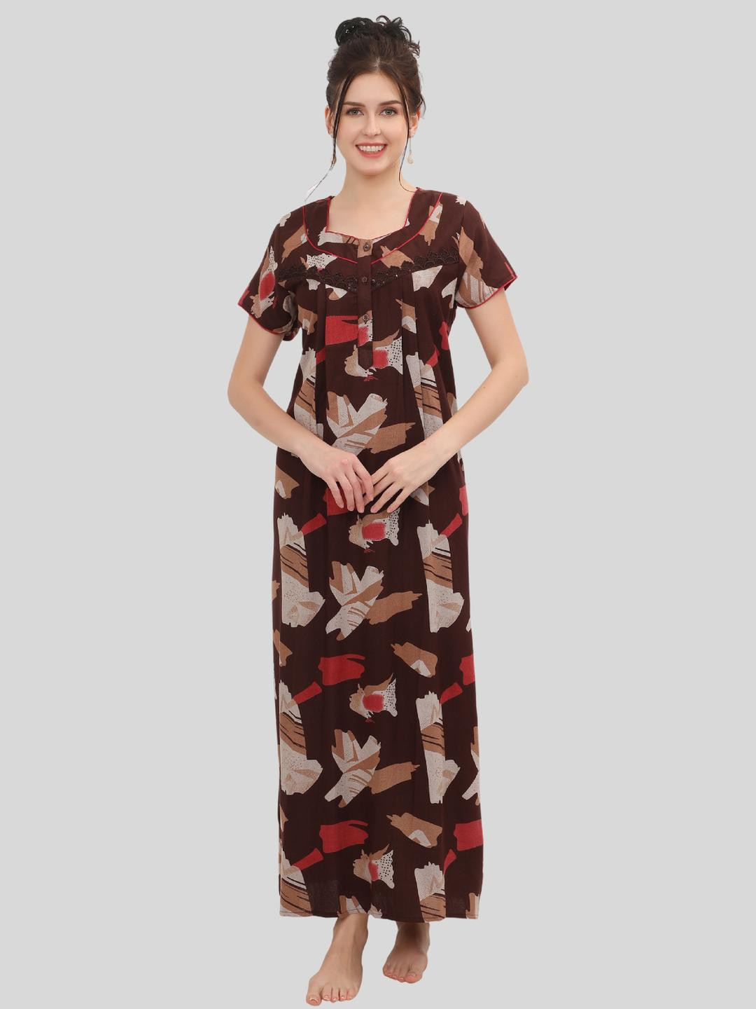 Glamoras Women Alfine Cotton Blend Printed Side Pocket Maxi Night Gown Nightdress