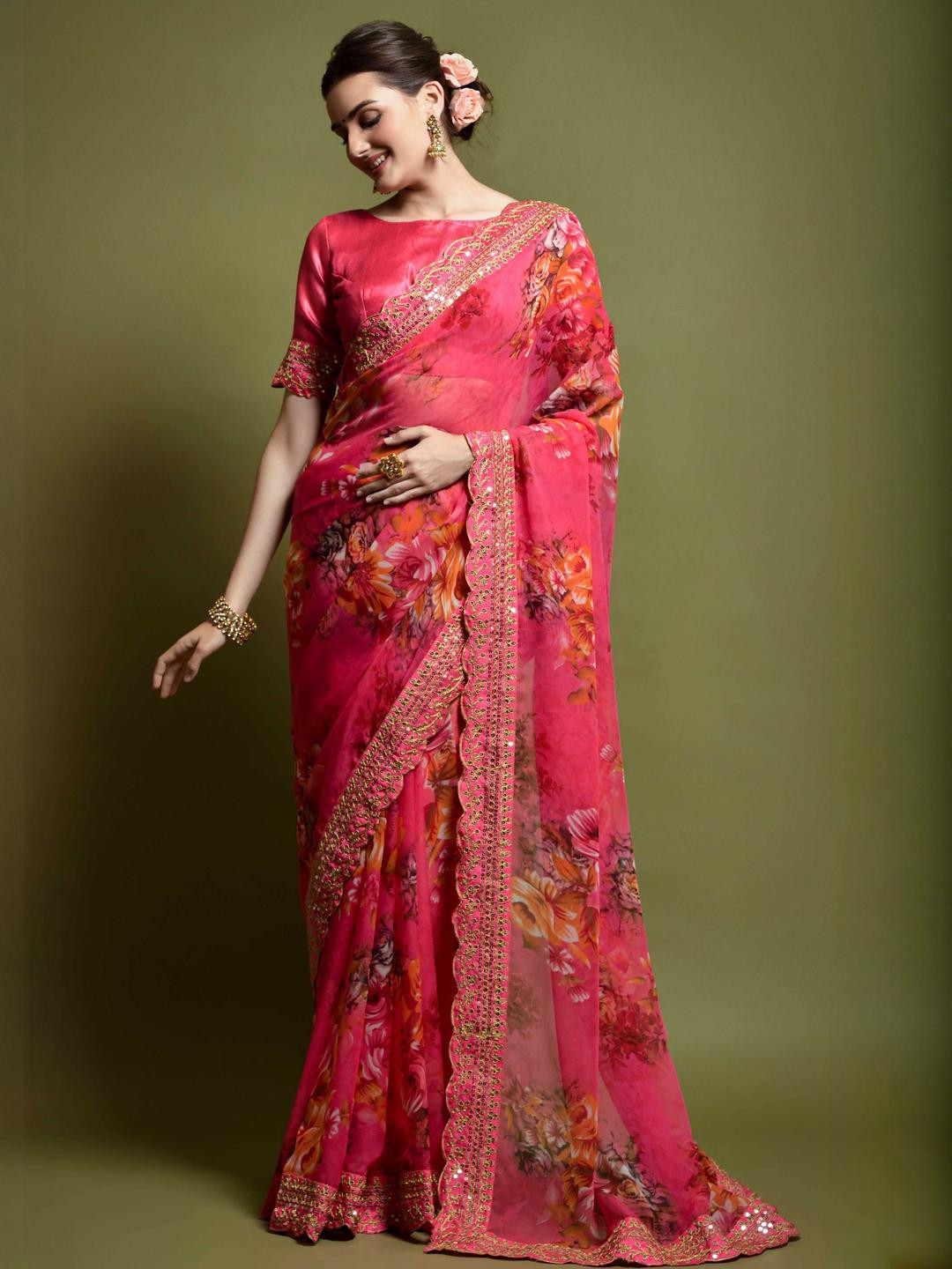KALINI Georgette Flower Printed Saree With Unstitched Blouse Piece