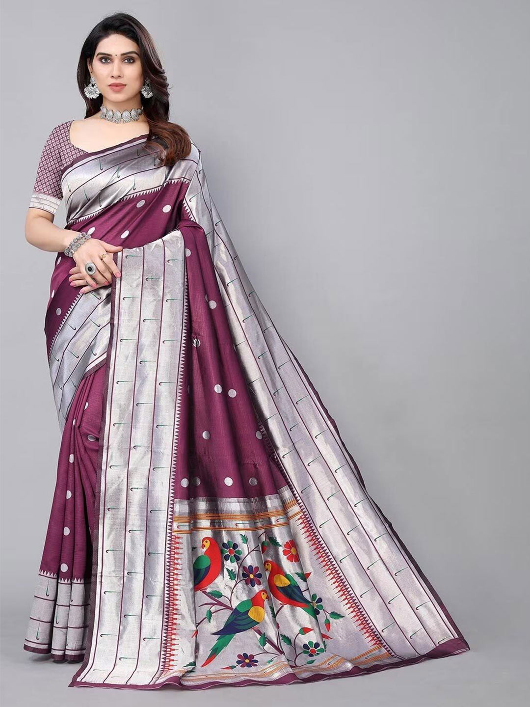 NS WORLD Polka Dots Woven Design Satin Saree With Blouse Piece