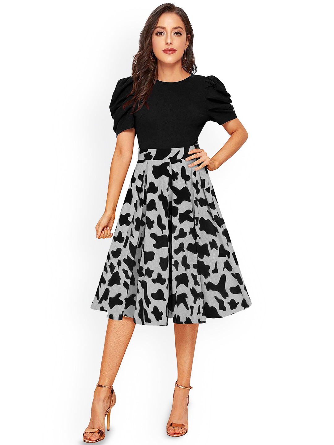 ILLI LONDON Women Cow Print Puff Sleeve A-Line Dress