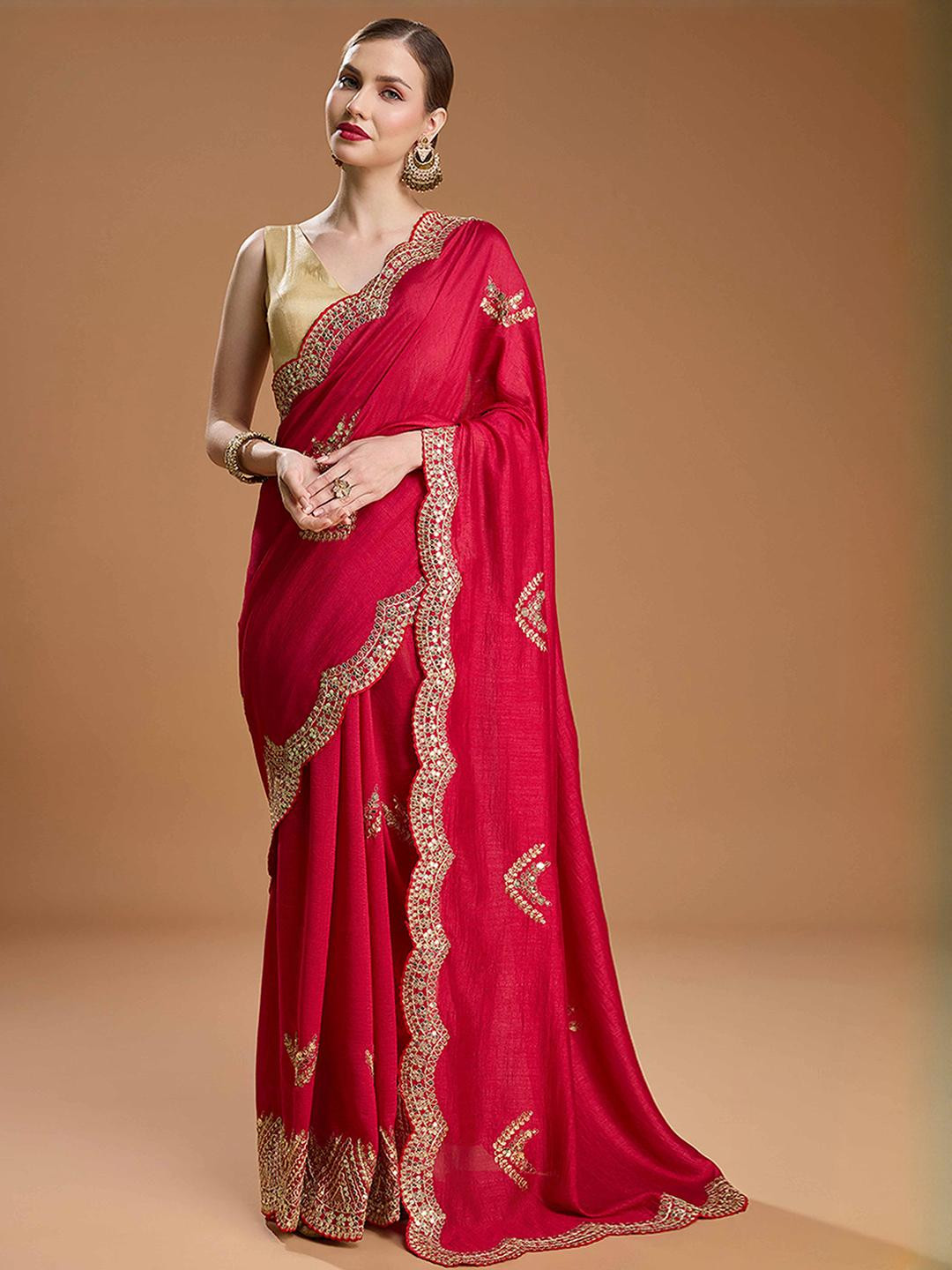 Peachmode Red Pure Chiffon Embroidered Sarees