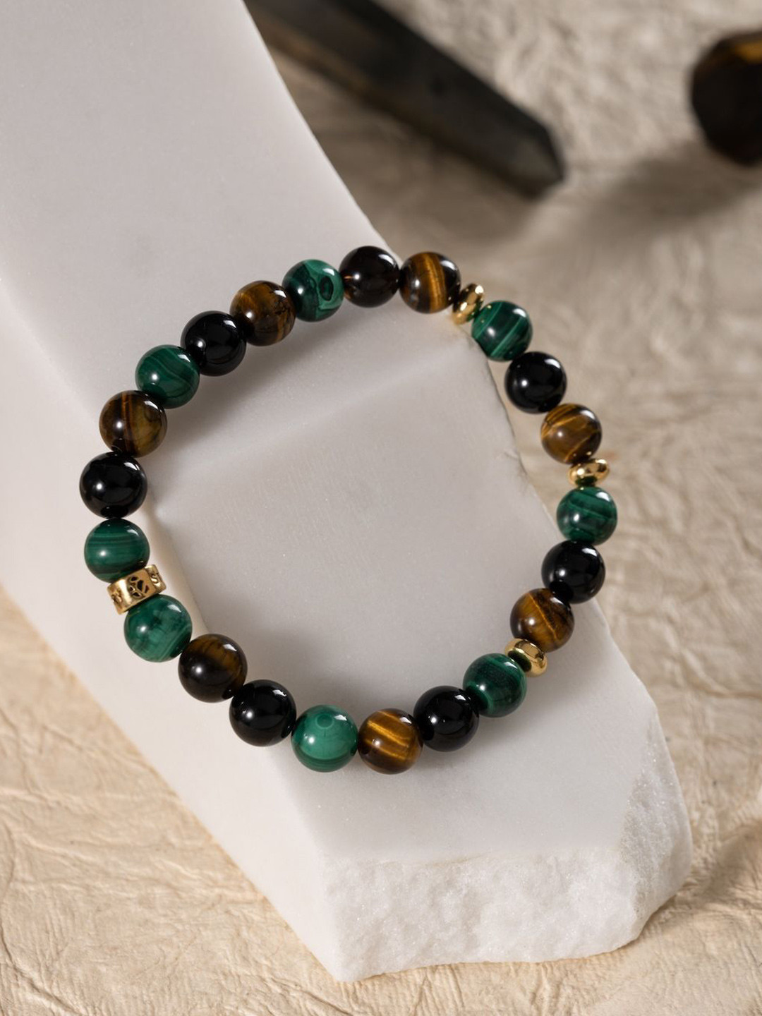Stone Story By Shruti Unisex 925 Silver Gold-Plated Malachite Tiger's Eye Beaded Bracelet
