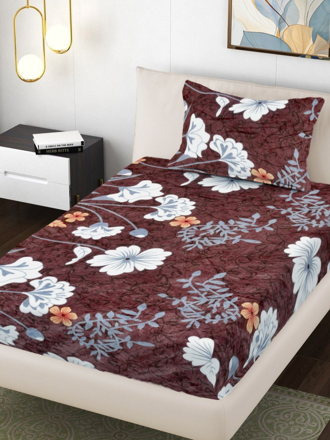 Myntra Elegant Homes Brown Printed 300TC Woolen Single Bedsheet Set 2.20 m x 1.50 m