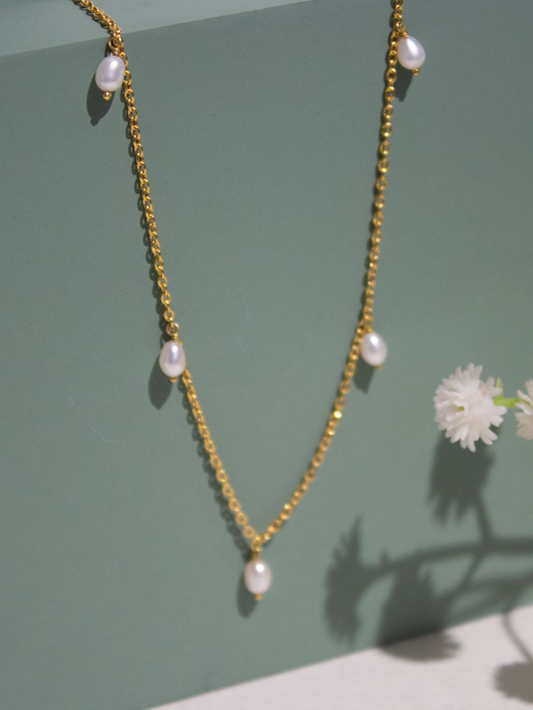 Ontique Sterling Silver 18K Gold Plated Pearls Beaded Minimal Necklace