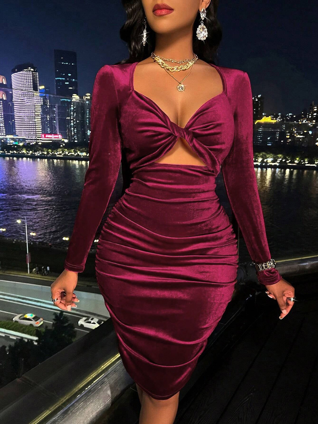 Purple Sweetheart Neck Bodycon Knee Length Party Dress