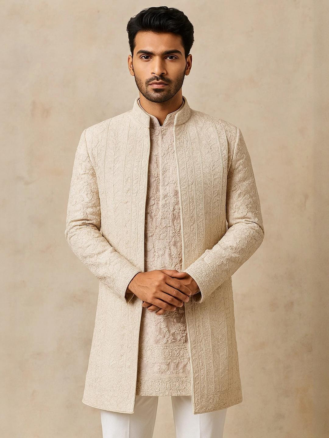 Shahi Achkan Royal Elegance White Embroidered Sherwani for Grooms Embroidered Sherwani