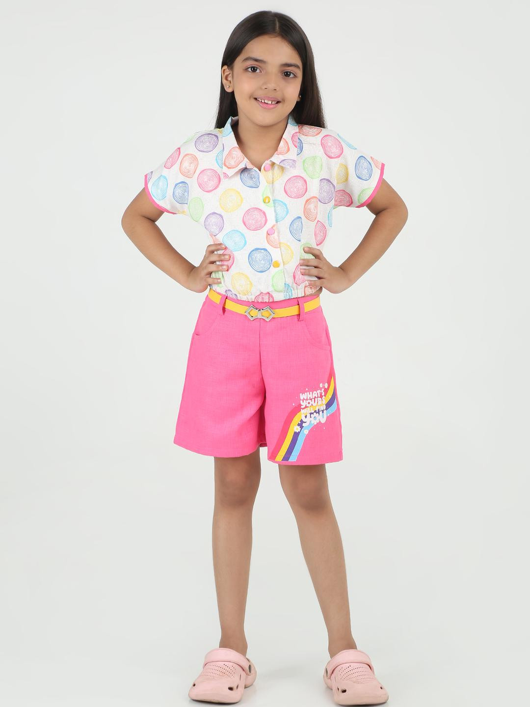 Be Kids Polka Dot Printed Top with Pink Shorts, Rainbow Design, Yellow Belt Summer Out fit