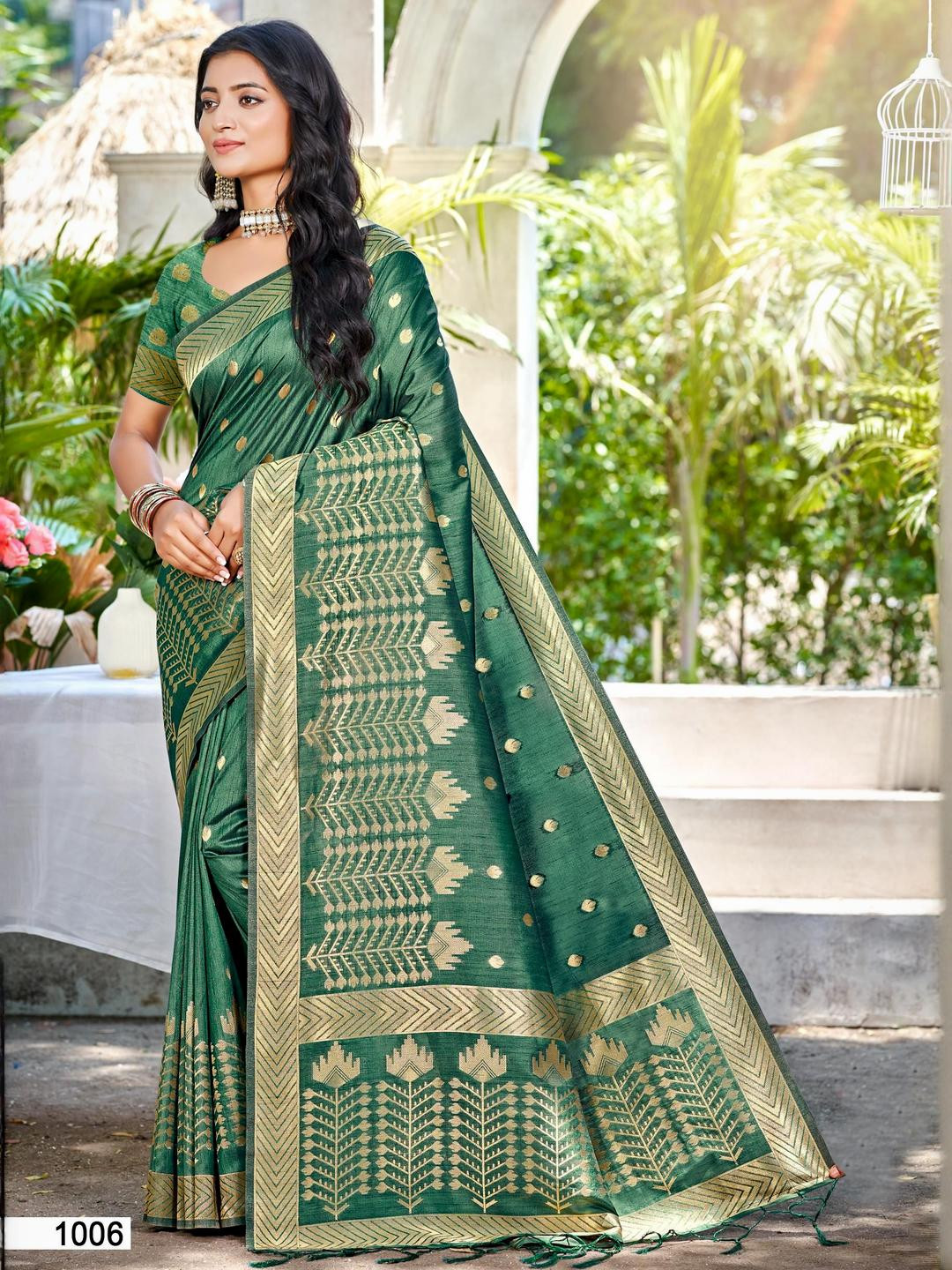 DEVATITHI Ethnic Motifs Woven Design Zari Green Assam Silk Saree