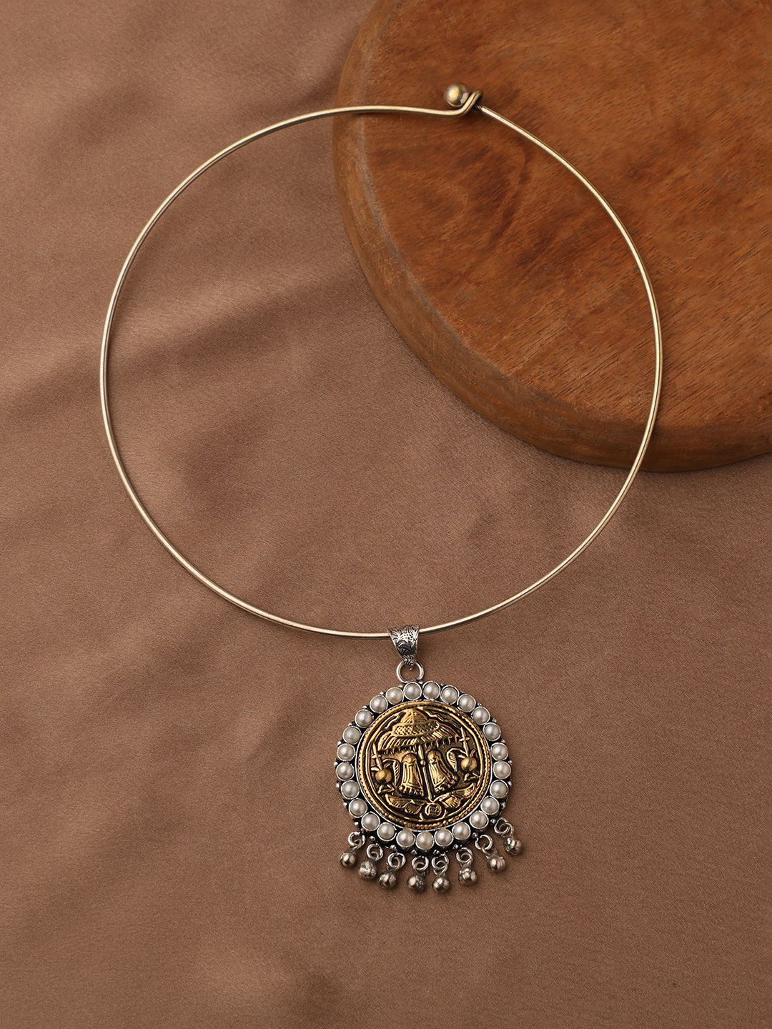 PATOLA BY VJ 92.5 Silver-Plated Circular Shaped Oxidized Hasli Pendant With Chain