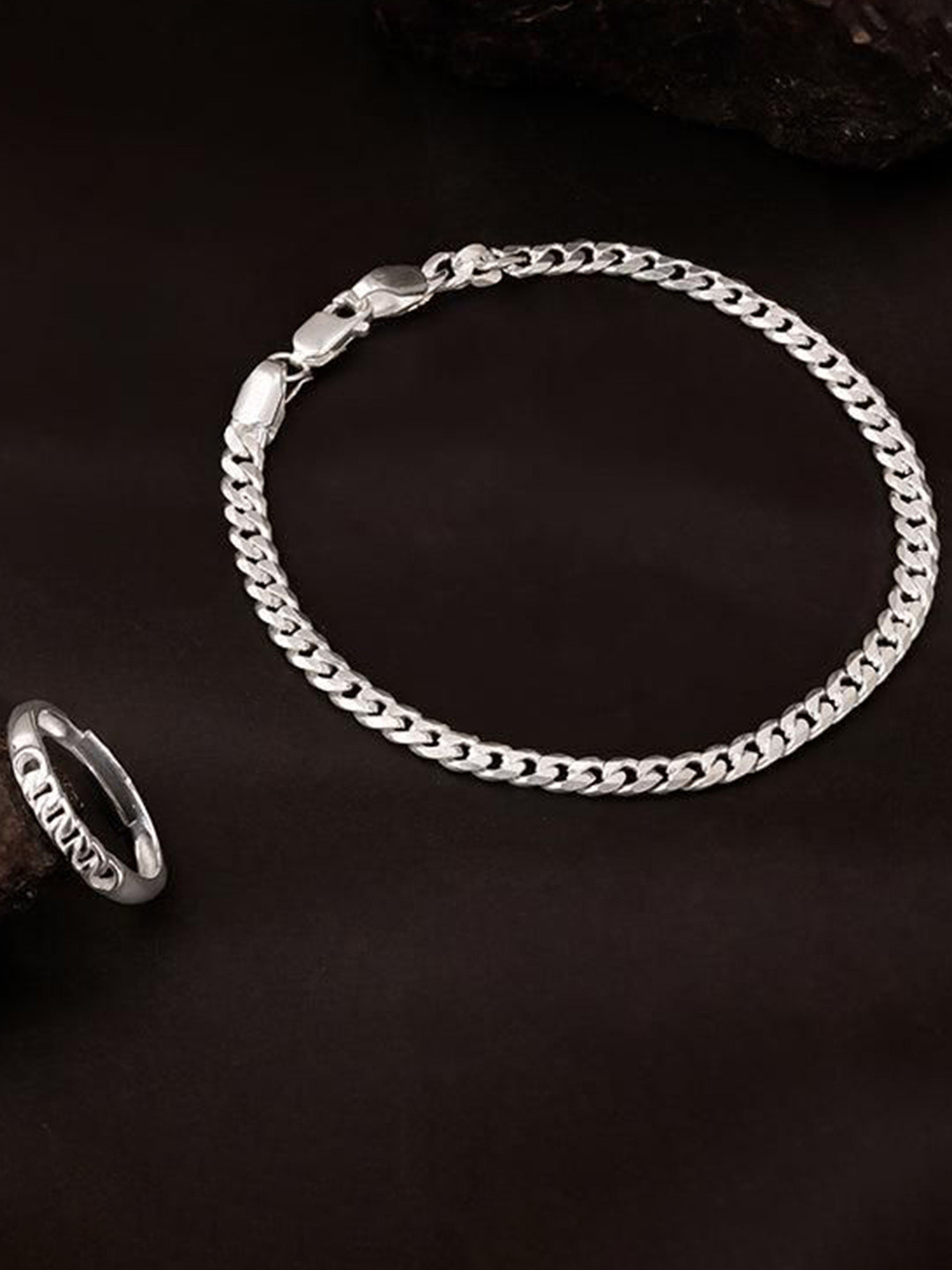 GIVA Men 925 Silver-Plated Classy Look Link Bracelet with Finger Ring Jewellery Set