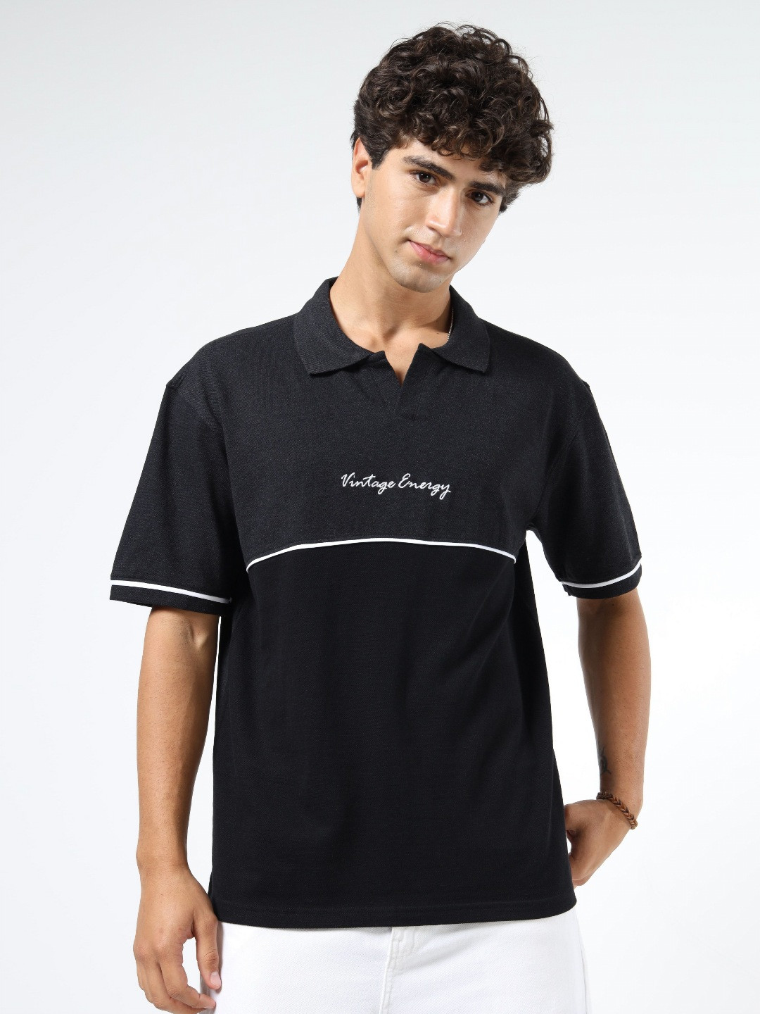 glitchez Men Typography Printed Polo Collar Relaxed Fit T-shirt