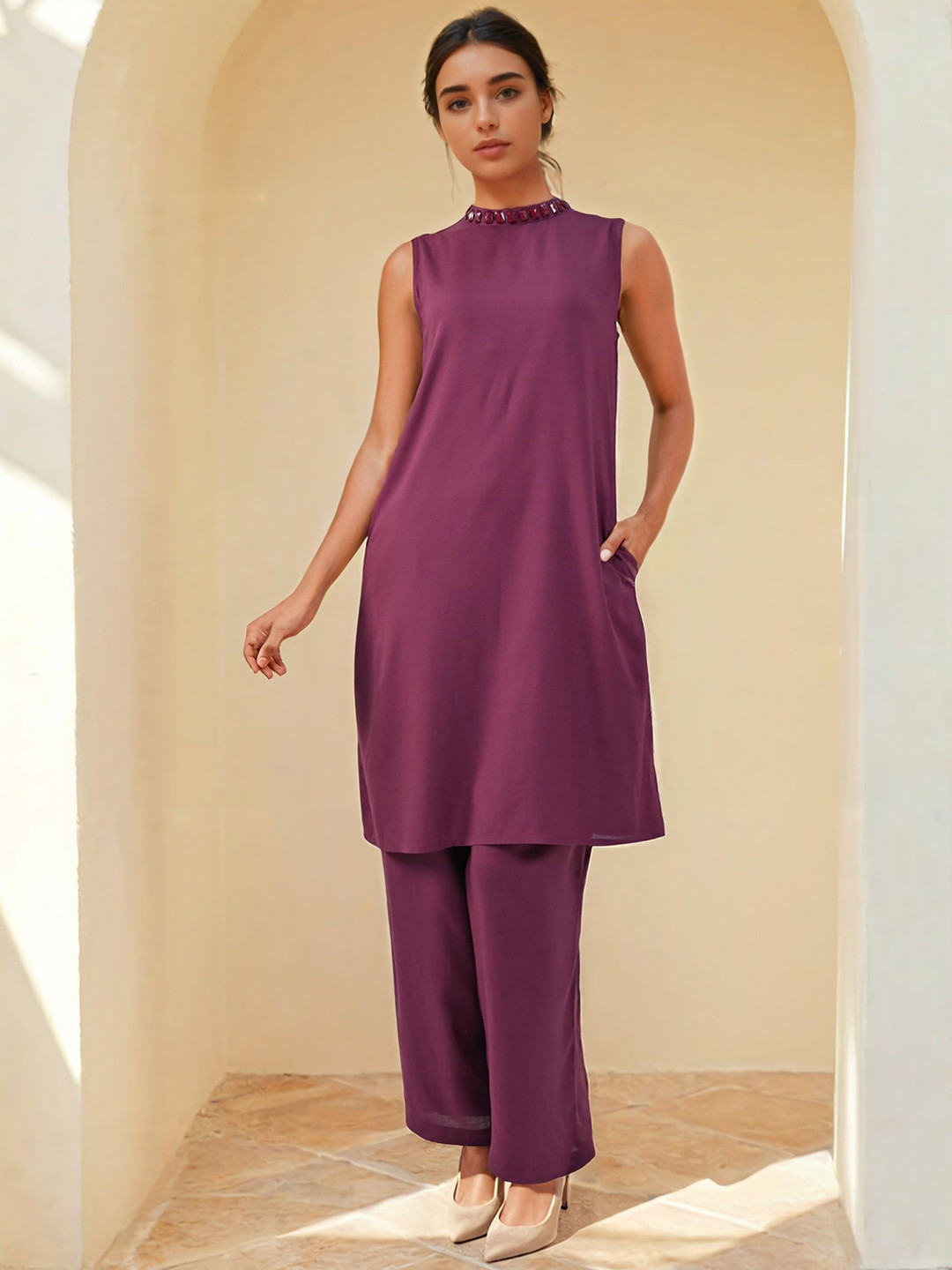 AUTUMN LANE Sharanya Plum Round Neck Beads and Stones Straight Kurta & Trousers