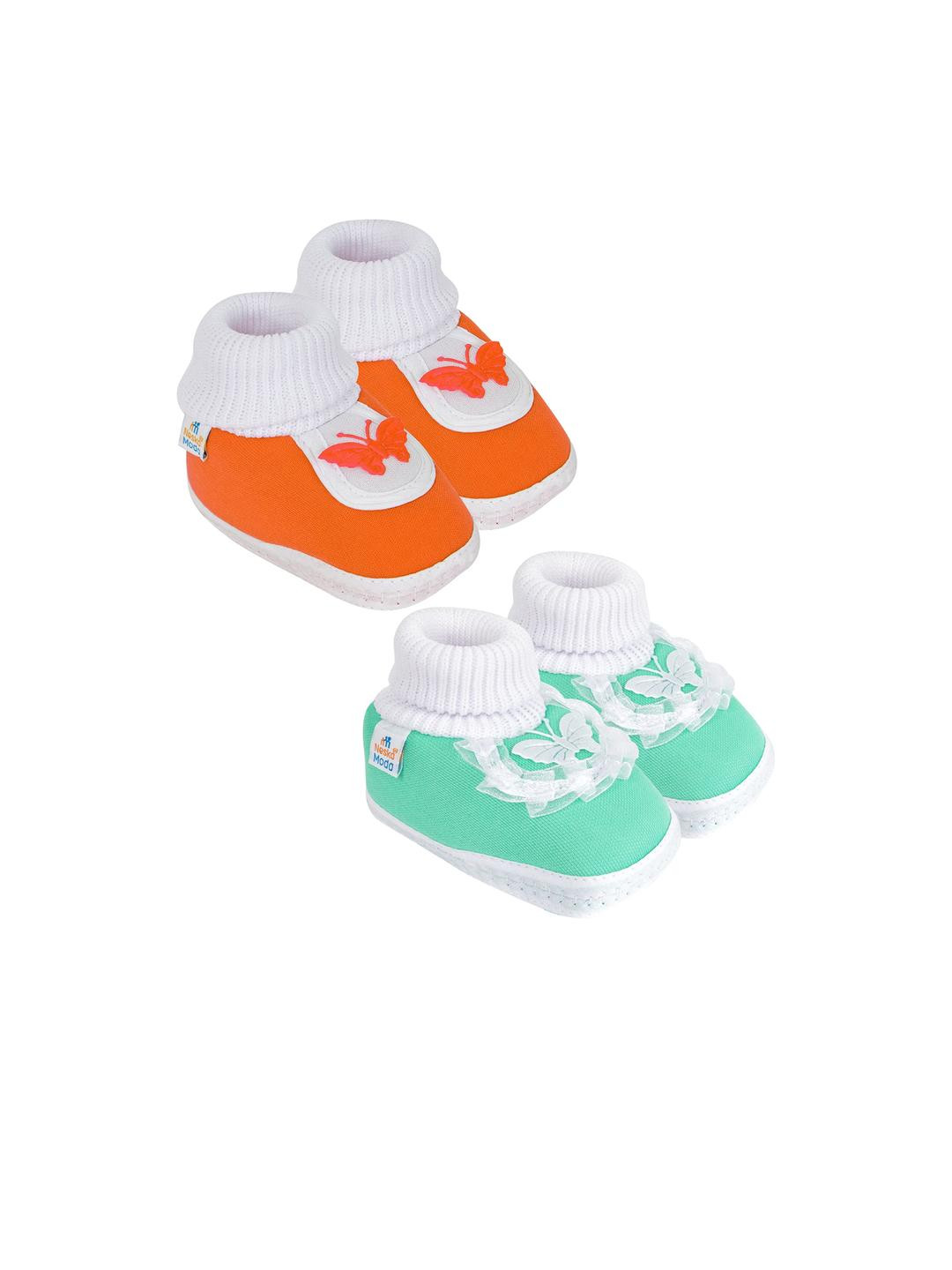 NESKA MODA Girls Set Of 2 Lime Green & Orange Butterfly Slip On Cotton Booties