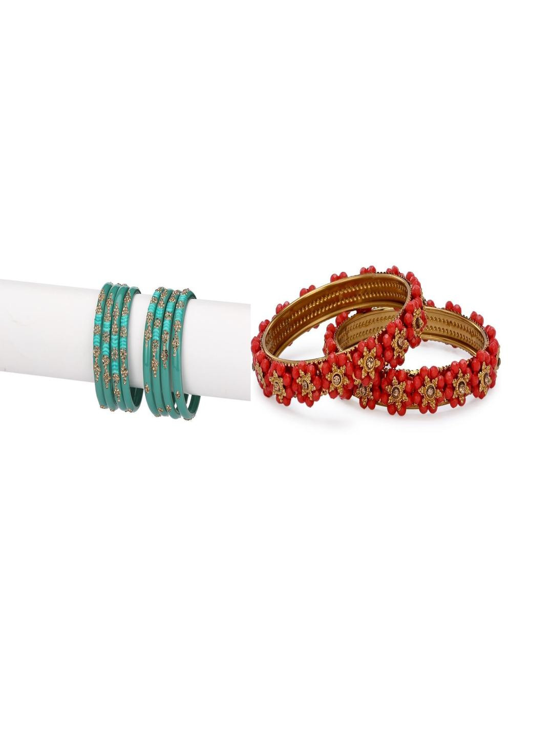 1ST TIME Set Of 10 Turquoise Blue And Red Glass Artificial Stones & Beads Bangles